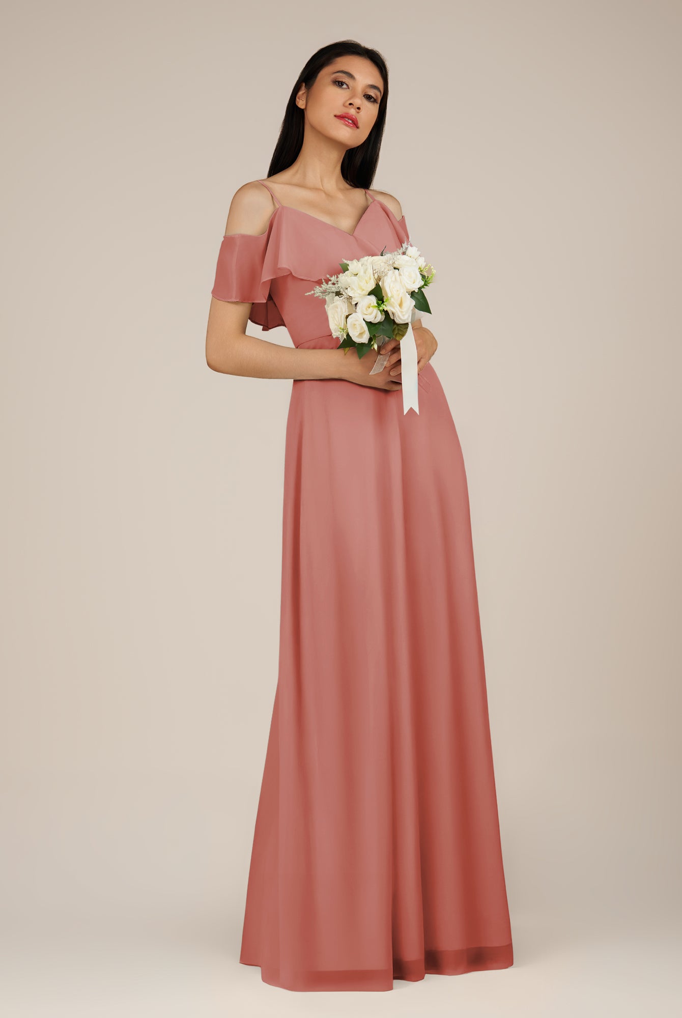 KissDress-Junessa Mulberry A Line Off the Shoulder Chiffon Long Bridesmaid Dress with Ruffles