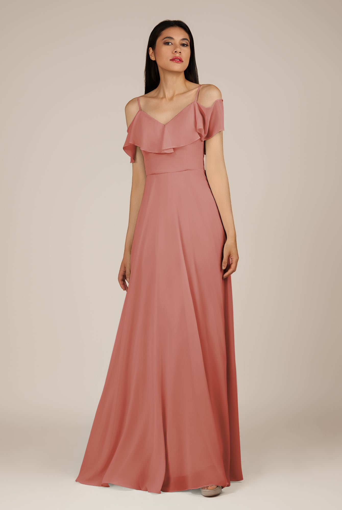 KissDress-Junessa Mulberry A Line Off the Shoulder Chiffon Long Bridesmaid Dress with Ruffles
