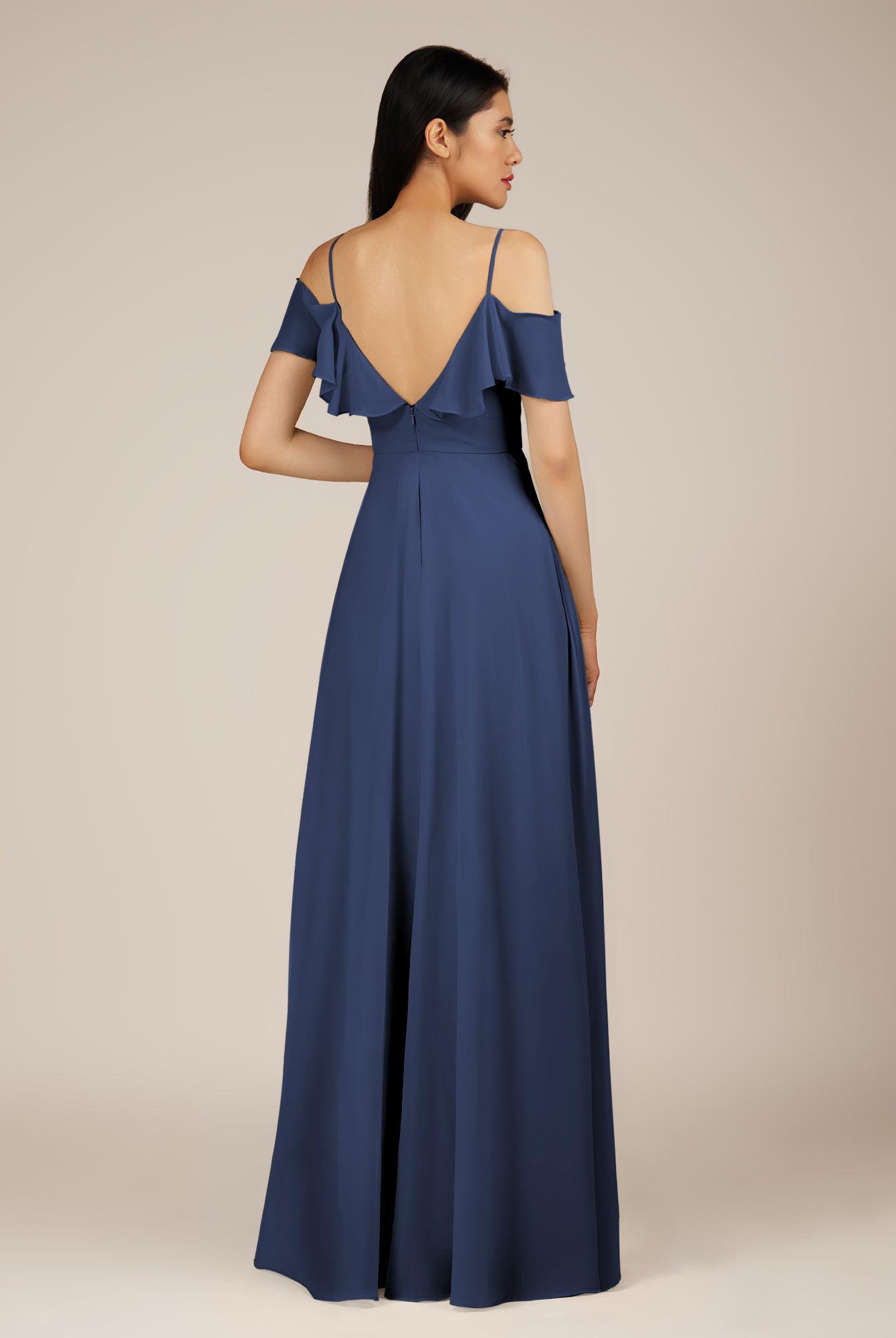 KissDress-Junessa Navy A Line Off the Shoulder Chiffon Long Bridesmaid Dress with Ruffles
