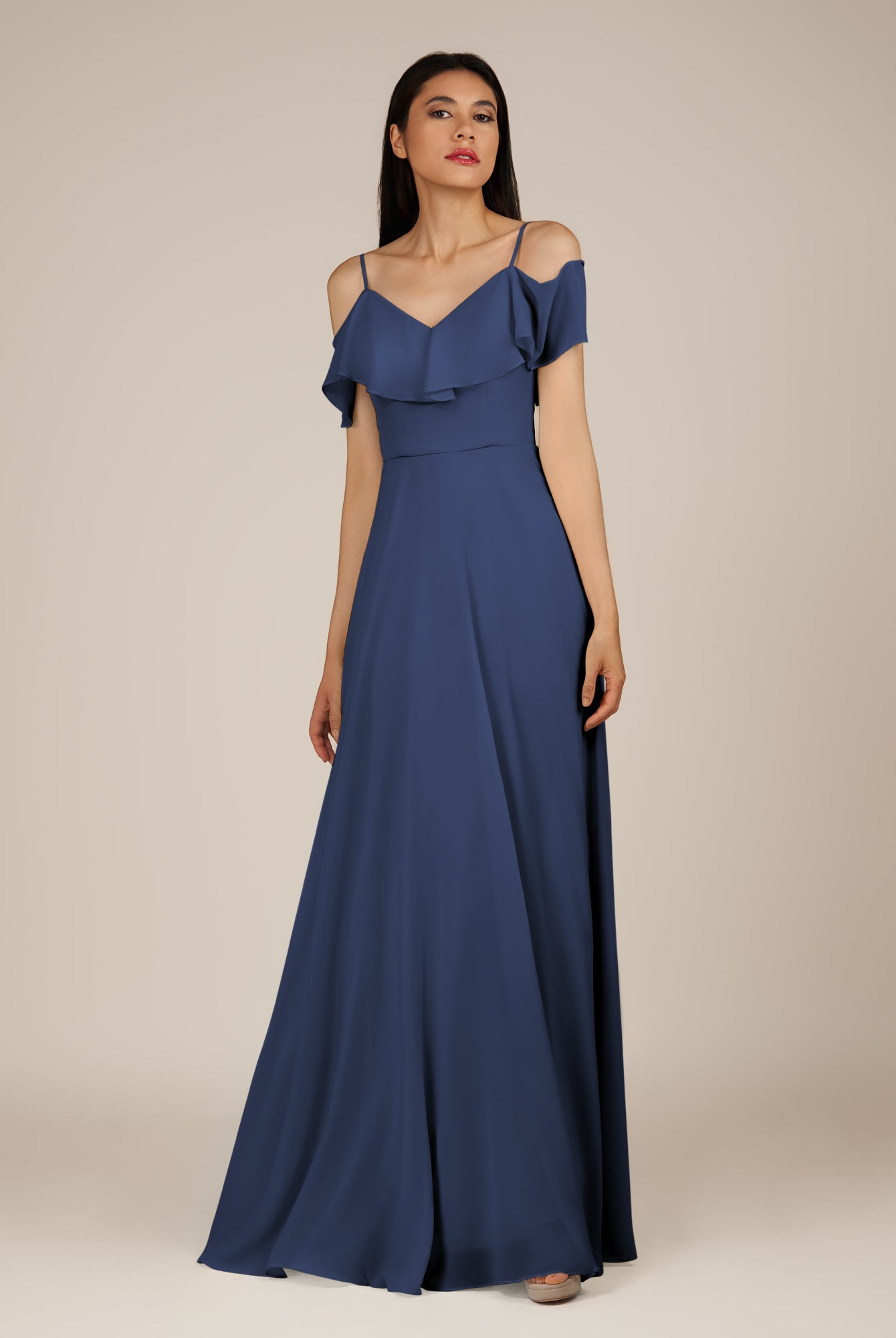 KissDress-Junessa Navy A Line Off the Shoulder Chiffon Long Bridesmaid Dress with Ruffles