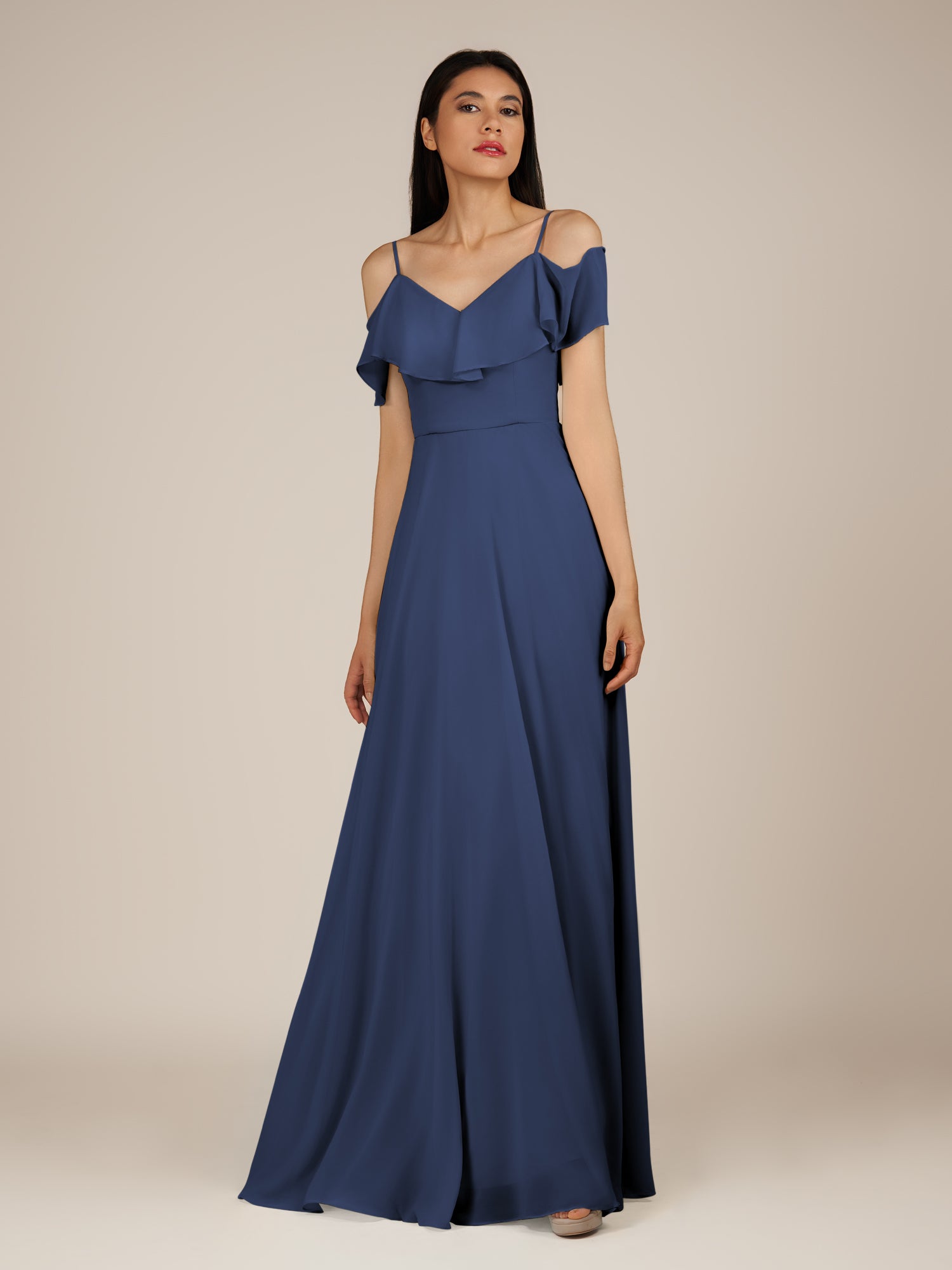 KissDress-Junessa Navy A Line Off the Shoulder Chiffon Long Bridesmaid Dress with Ruffles
