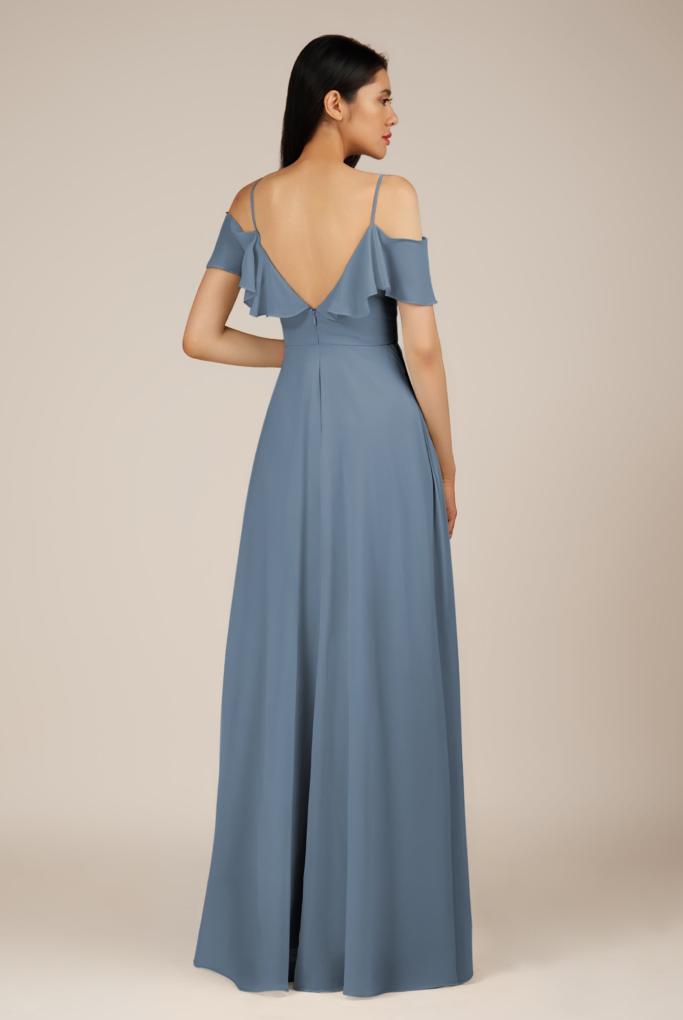 KissDress-Junessa Neptune A Line Off the Shoulder Chiffon Long Bridesmaid Dress with Ruffles