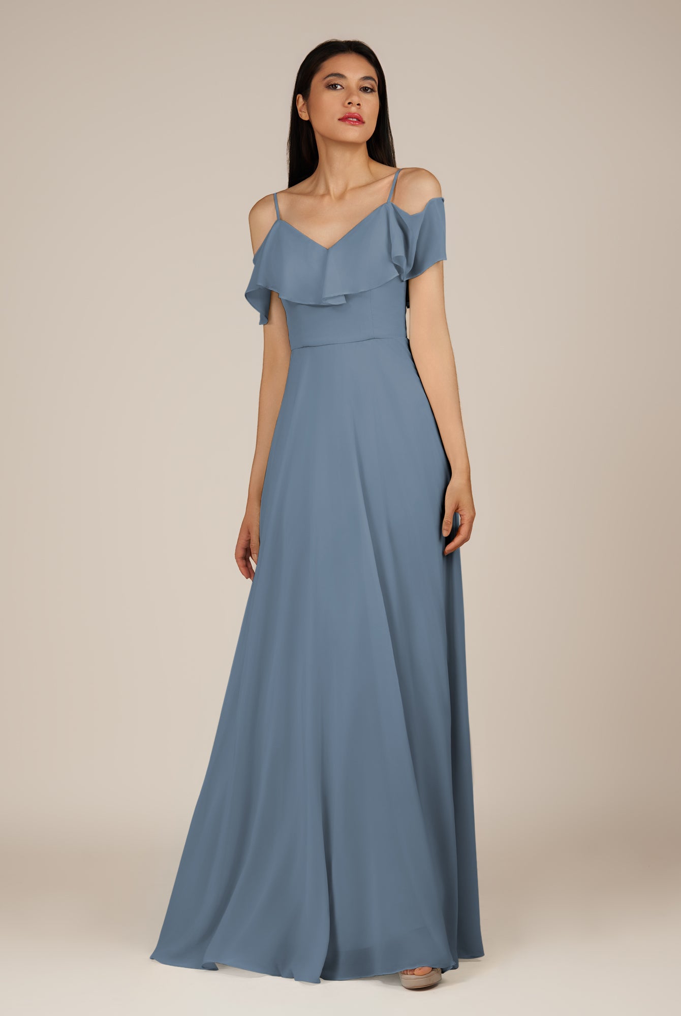 KissDress-Junessa Neptune A Line Off the Shoulder Chiffon Long Bridesmaid Dress with Ruffles