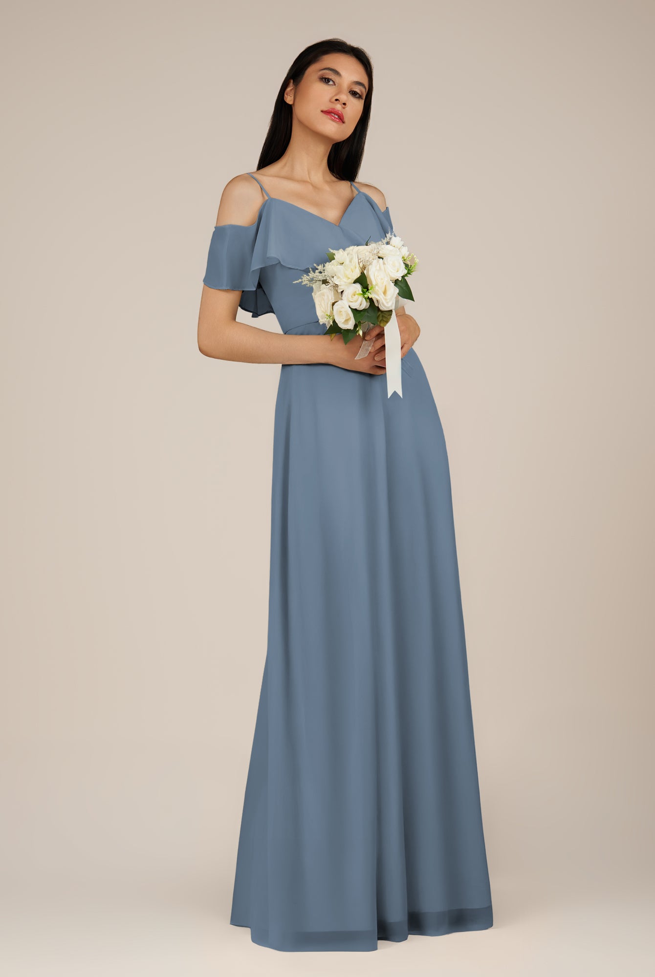 KissDress-Junessa Neptune A Line Off the Shoulder Chiffon Long Bridesmaid Dress with Ruffles