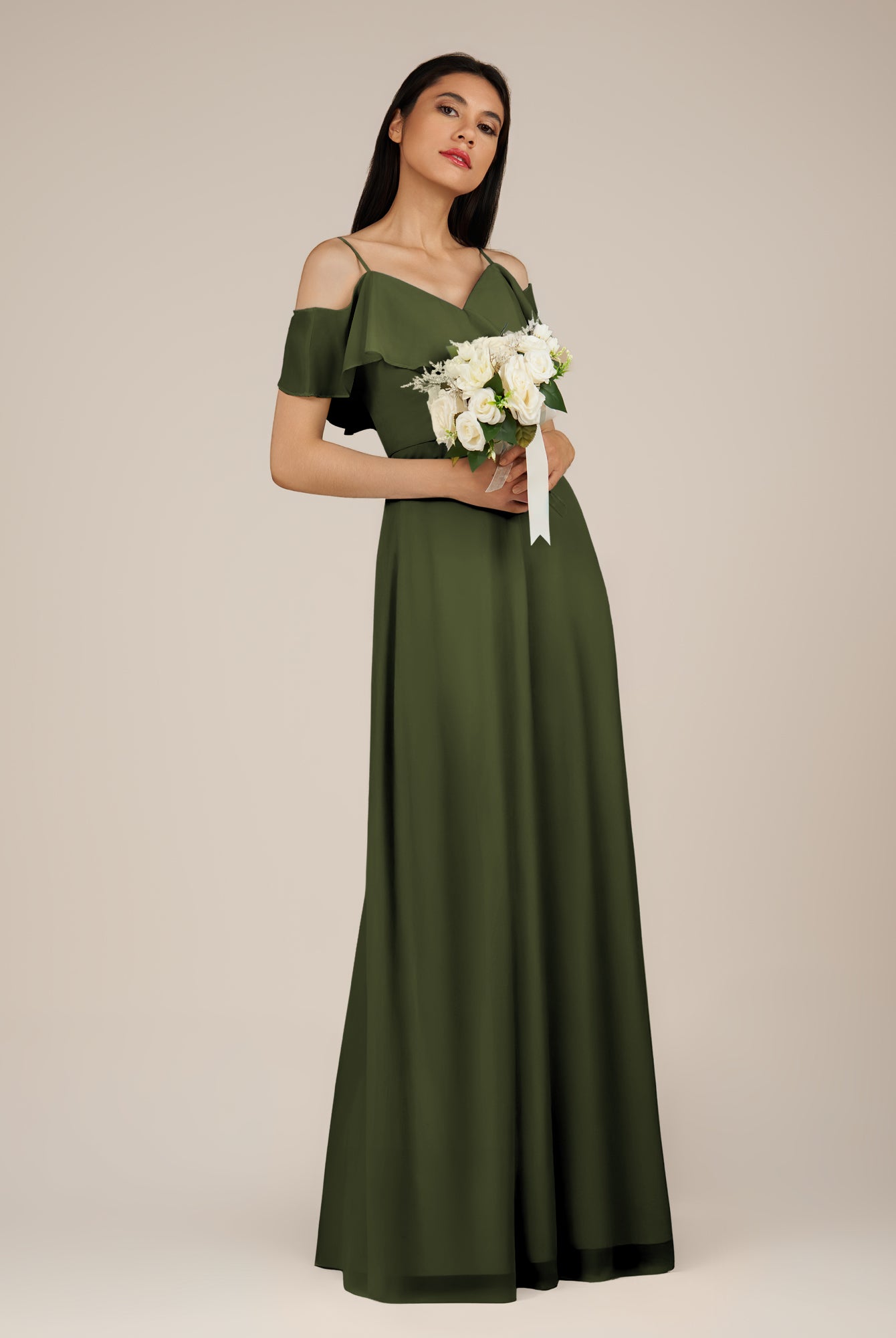 KissDress-Junessa Olive A Line Off the Shoulder Chiffon Long Bridesmaid Dress with Ruffles