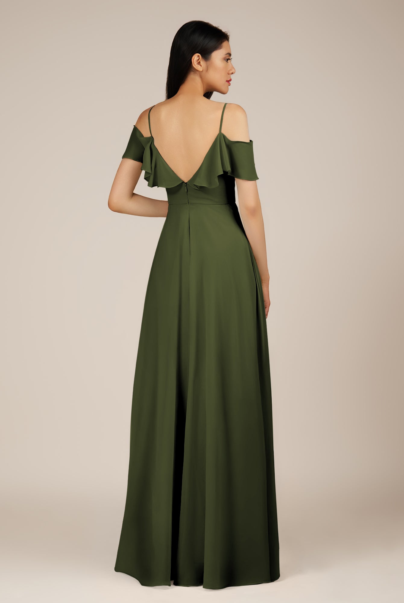 KissDress-Junessa Olive A Line Off the Shoulder Chiffon Long Bridesmaid Dress with Ruffles