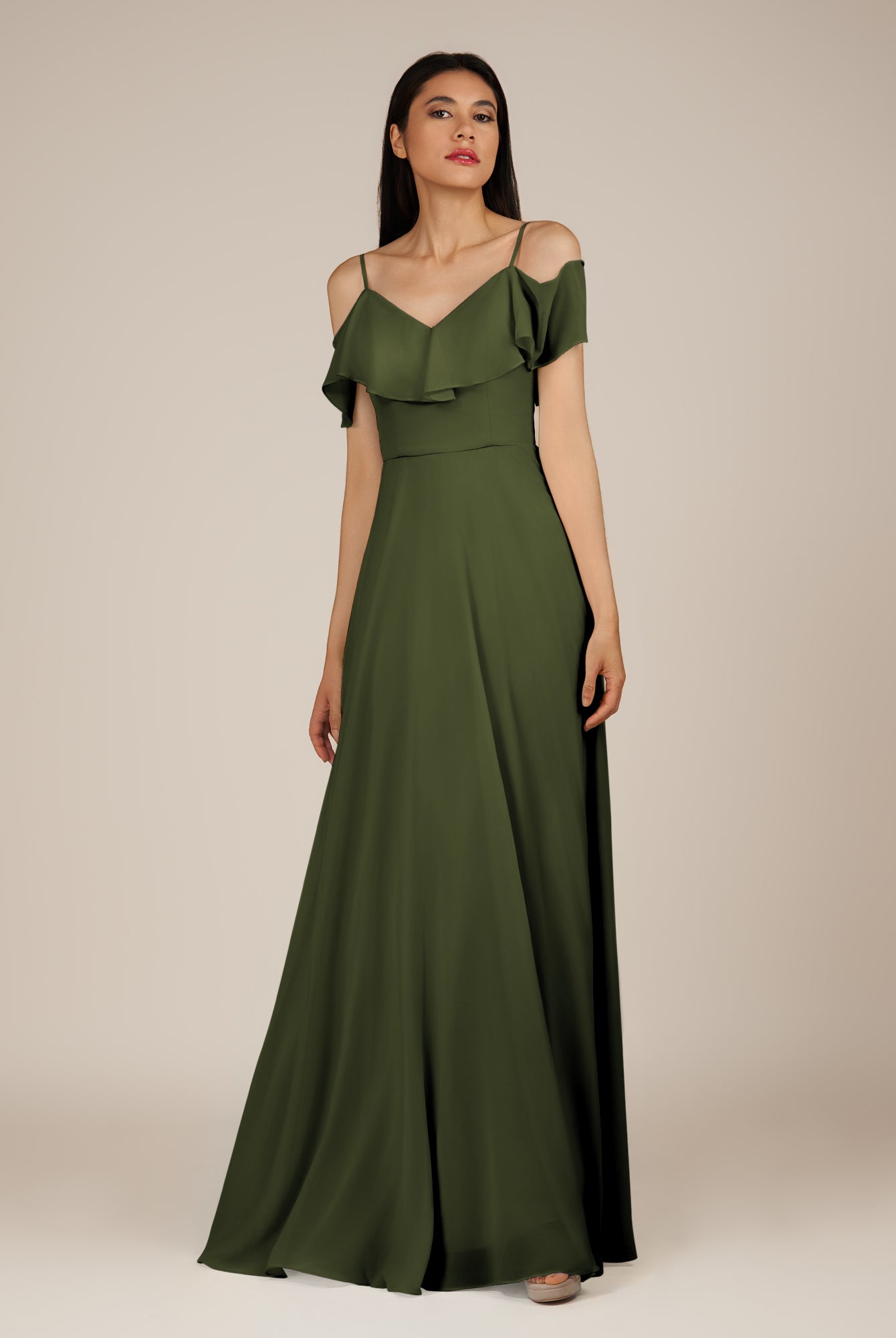 KissDress-Junessa Olive A Line Off the Shoulder Chiffon Long Bridesmaid Dress with Ruffles