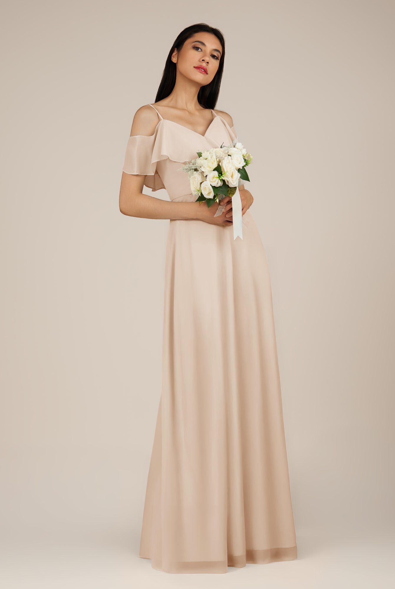 KissDress-Junessa Pale Blush A Line Off the Shoulder Chiffon Long Bridesmaid Dress with Ruffles