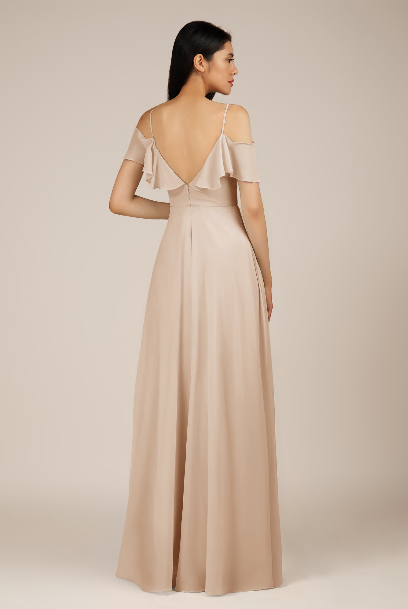 KissDress-Junessa Pale Blush A Line Off the Shoulder Chiffon Long Bridesmaid Dress with Ruffles