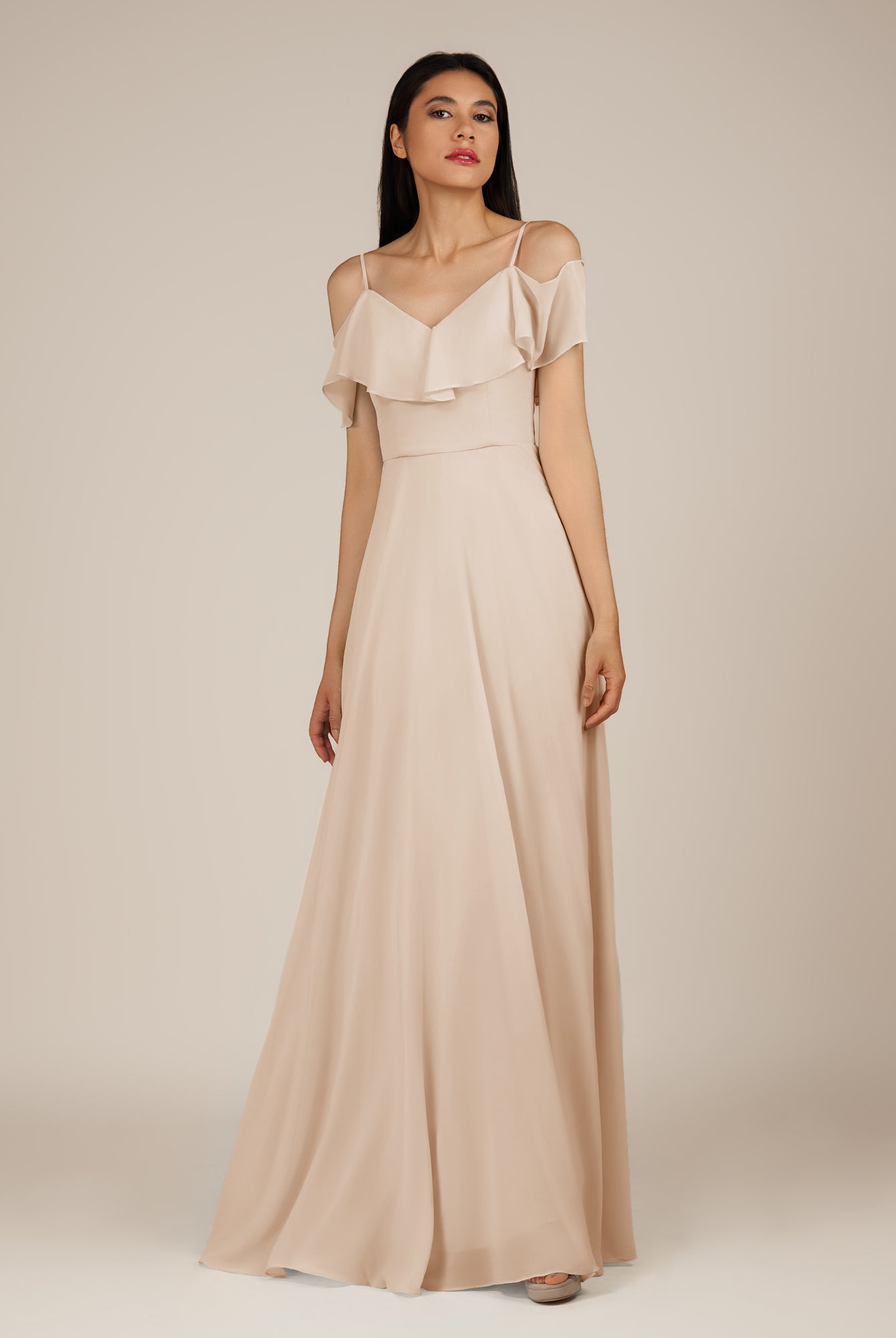 KissDress-Junessa Pale Blush A Line Off the Shoulder Chiffon Long Bridesmaid Dress with Ruffles