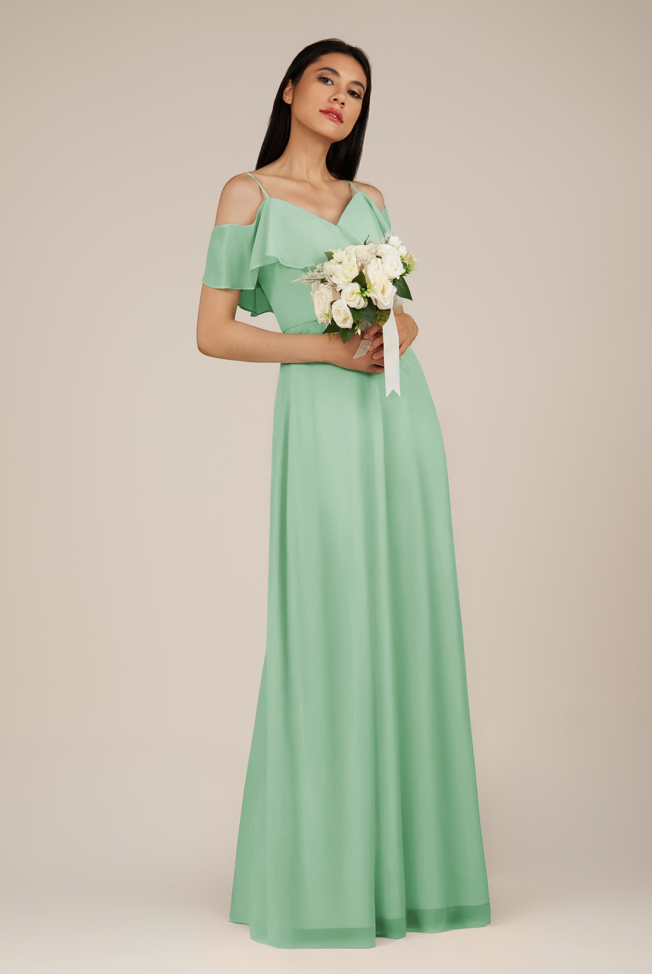 KissDress-Junessa Pale Pistachio A Line Off the Shoulder Chiffon Long Bridesmaid Dress with Ruffles