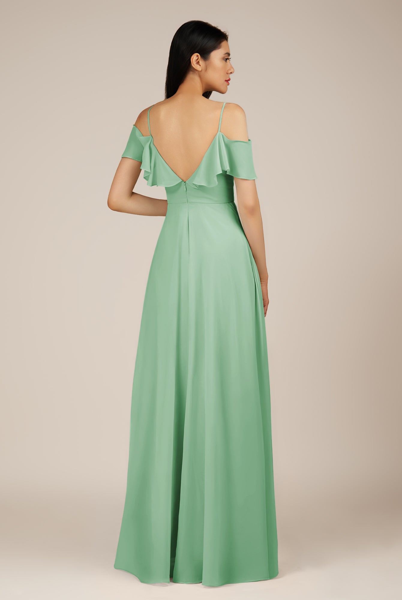 KissDress-Junessa Pale Pistachio A Line Off the Shoulder Chiffon Long Bridesmaid Dress with Ruffles