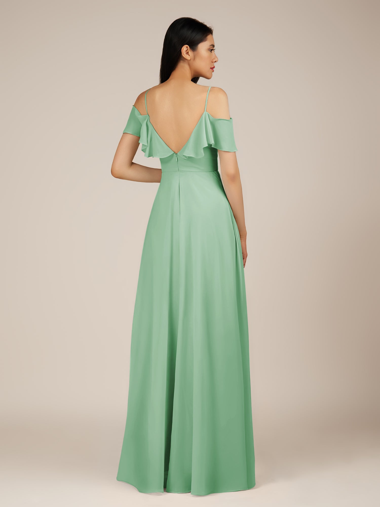 KissDress-Junessa Pale Pistachio A Line Off the Shoulder Chiffon Long Bridesmaid Dress with Ruffles