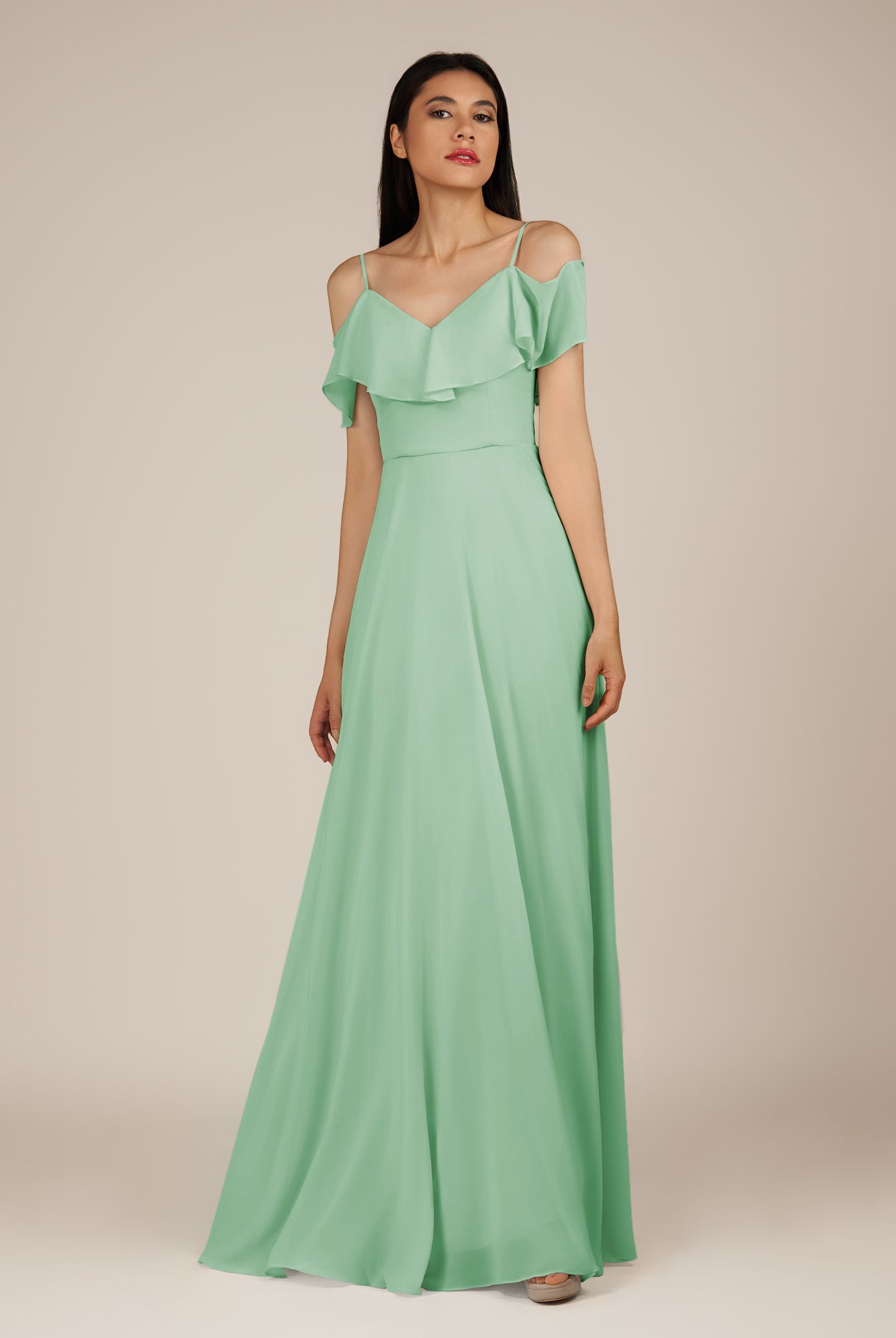 KissDress-Junessa Pale Pistachio A Line Off the Shoulder Chiffon Long Bridesmaid Dress with Ruffles