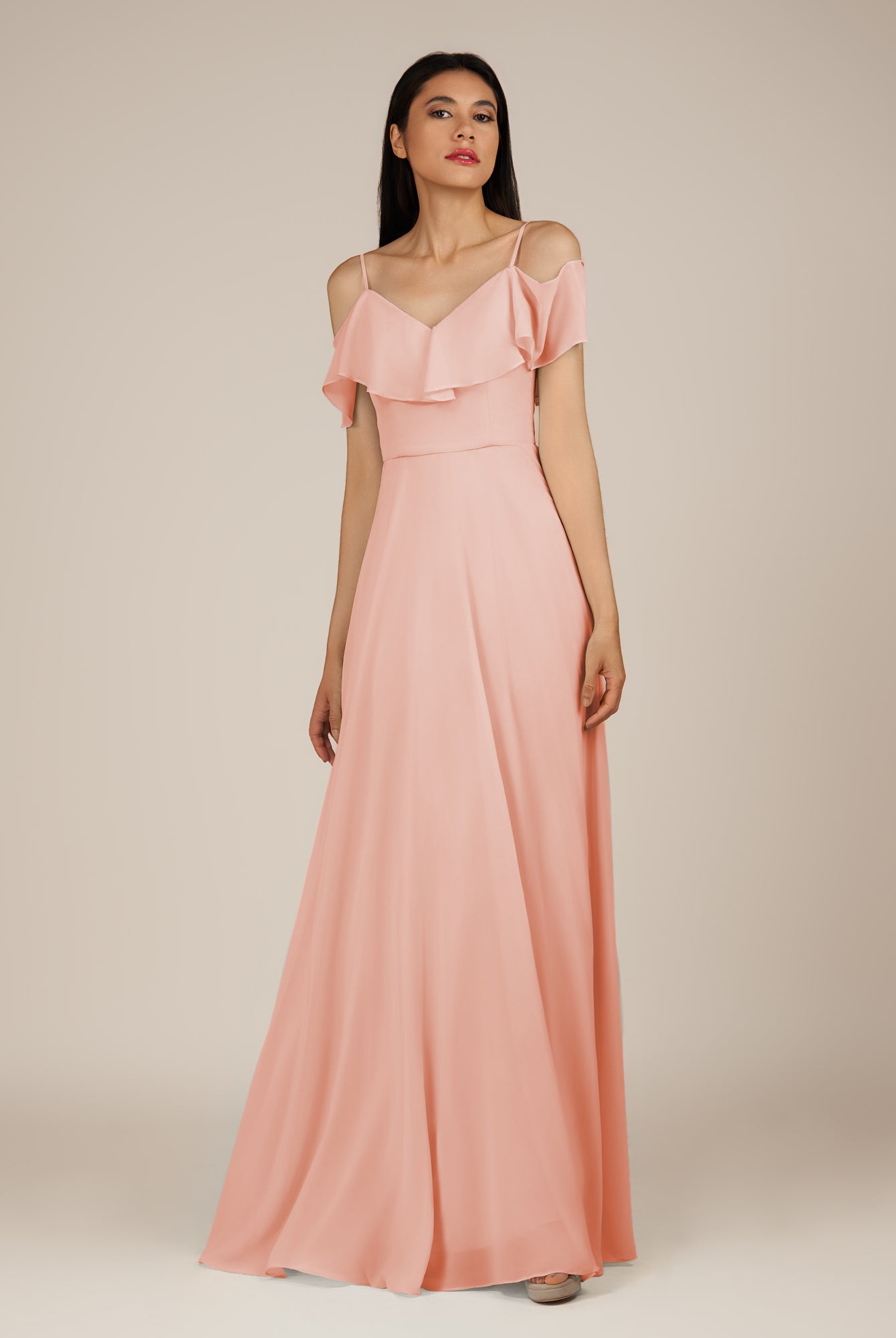 KissDress-Junessa Rose Petal A Line Off the Shoulder Chiffon Long Bridesmaid Dress with Ruffles