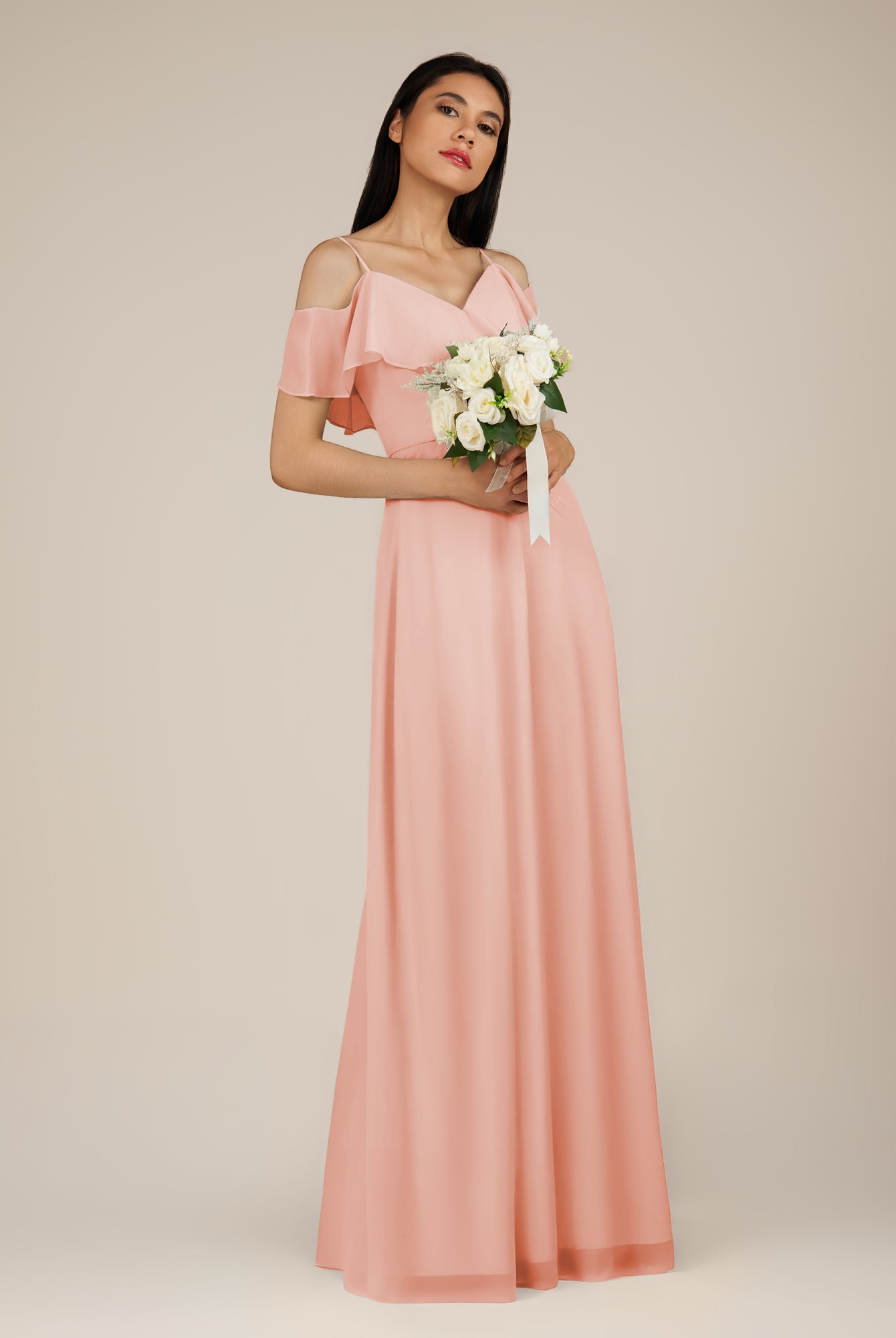 KissDress-Junessa Rose Petal A Line Off the Shoulder Chiffon Long Bridesmaid Dress with Ruffles
