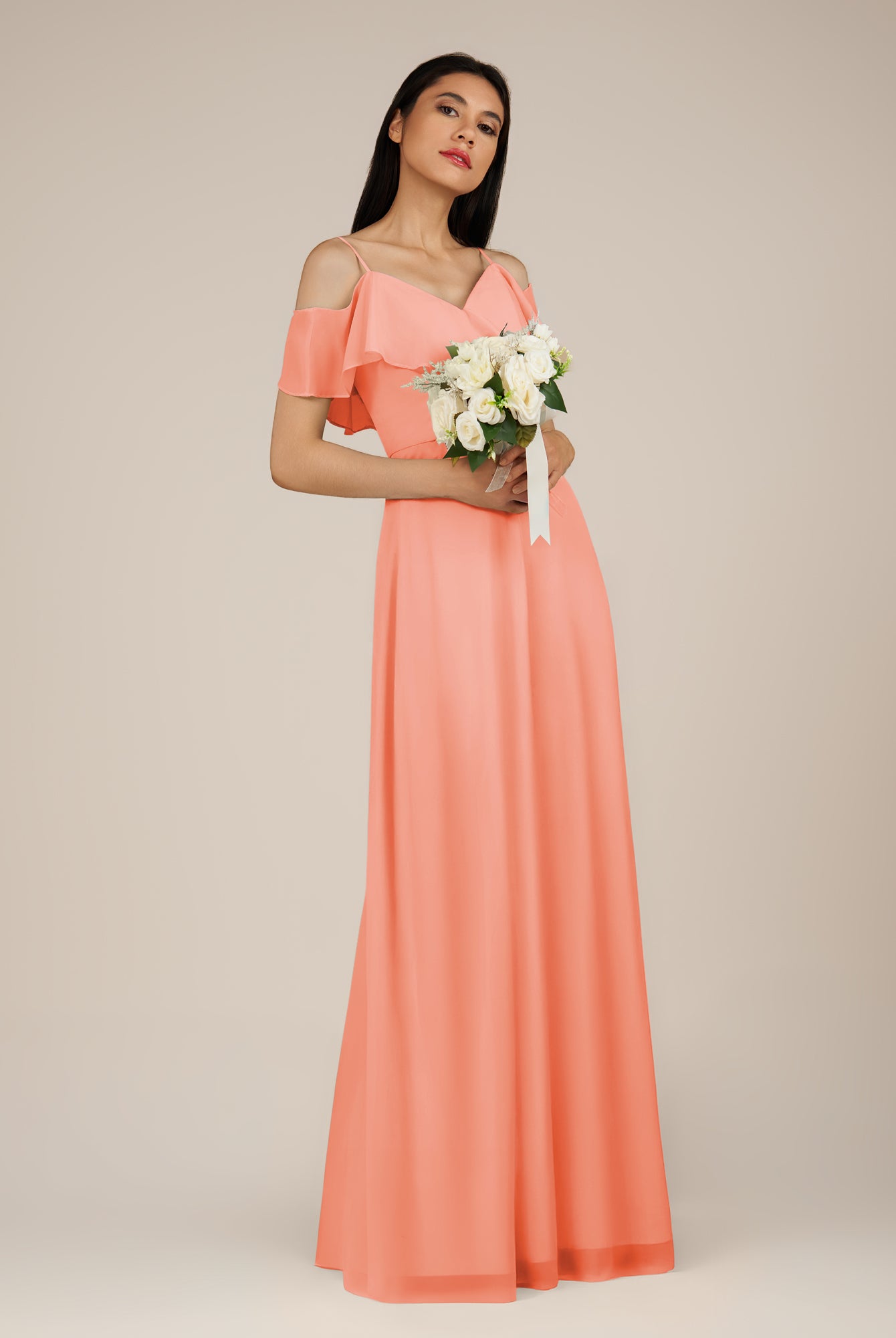 KissDress-Junessa Rosette A Line Off the Shoulder Chiffon Long Bridesmaid Dress with Ruffles