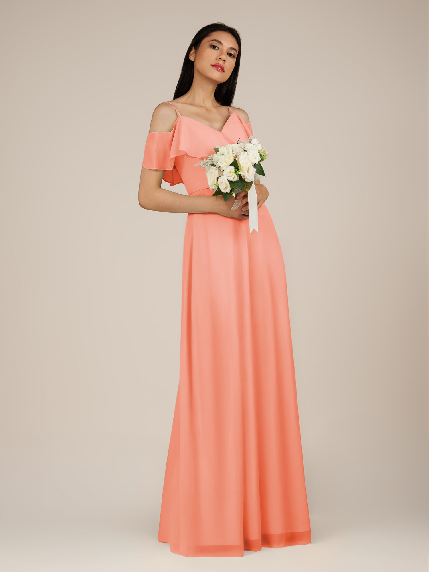 KissDress-Junessa Rosette A Line Off the Shoulder Chiffon Long Bridesmaid Dress with Ruffles