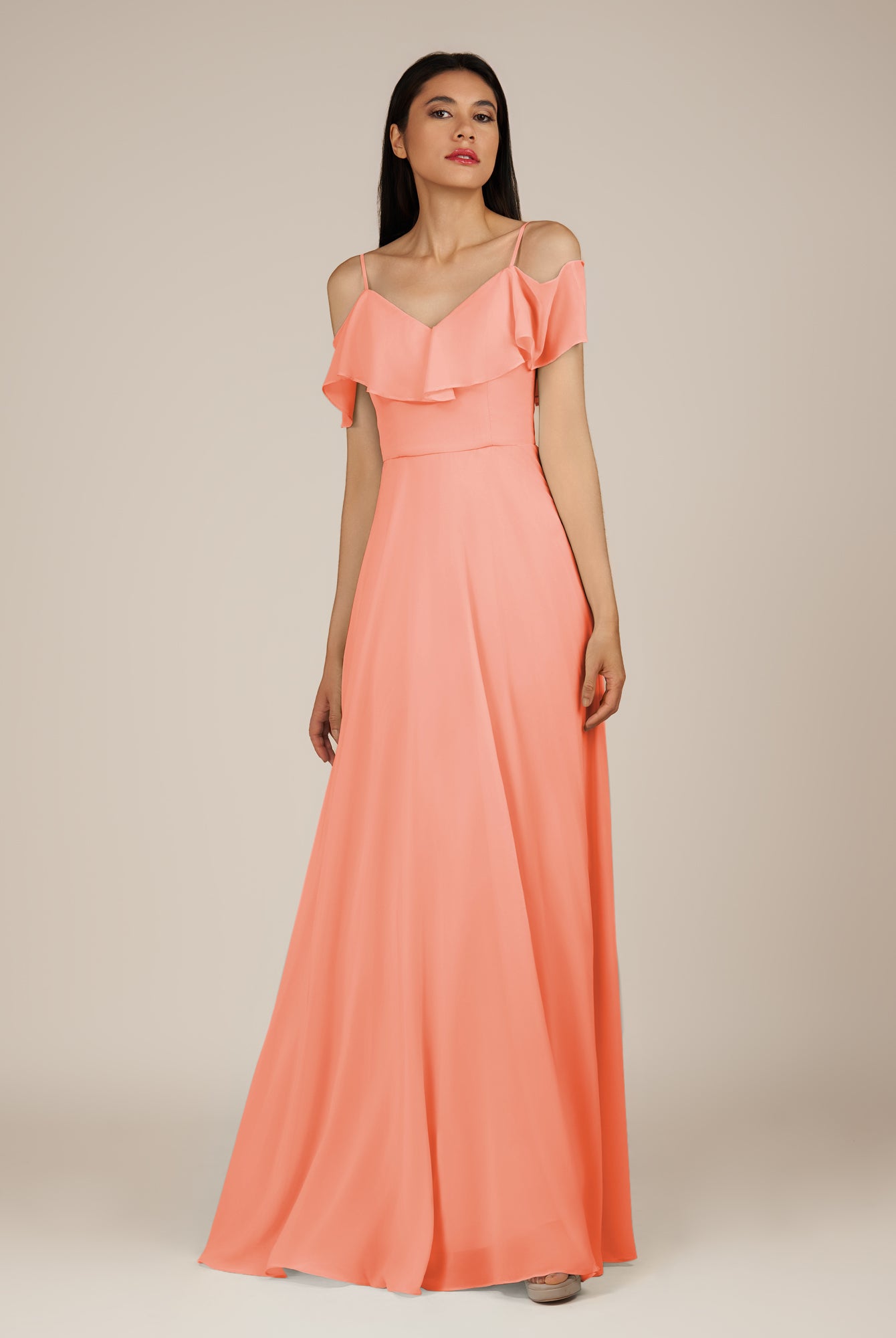 KissDress-Junessa Rosette A Line Off the Shoulder Chiffon Long Bridesmaid Dress with Ruffles