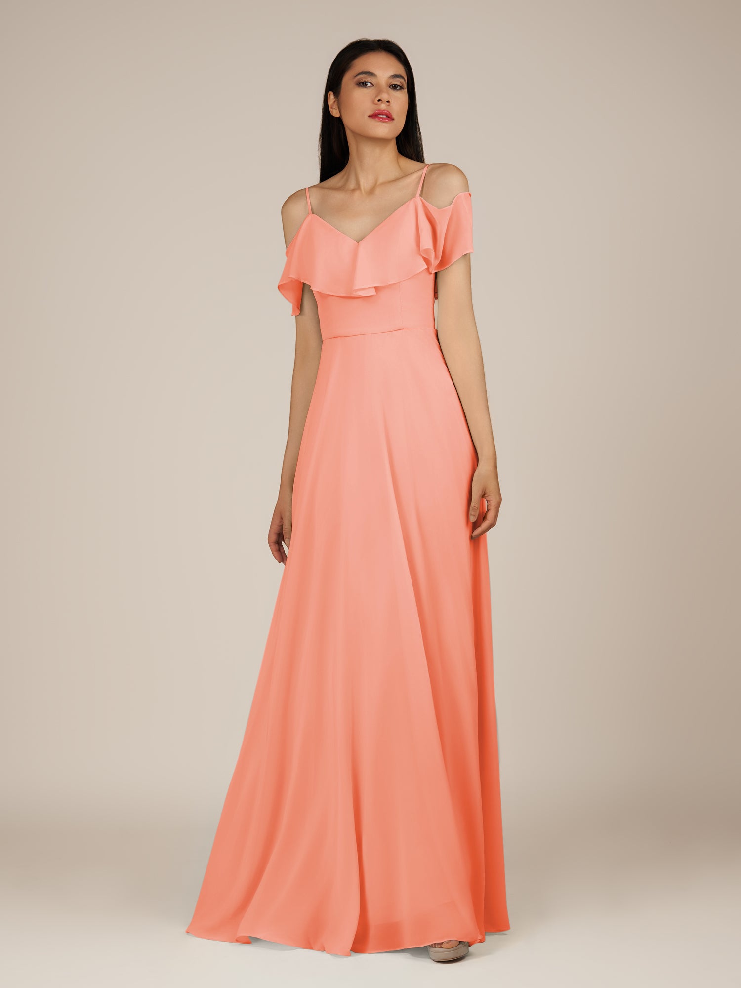 KissDress-Junessa Rosette A Line Off the Shoulder Chiffon Long Bridesmaid Dress with Ruffles