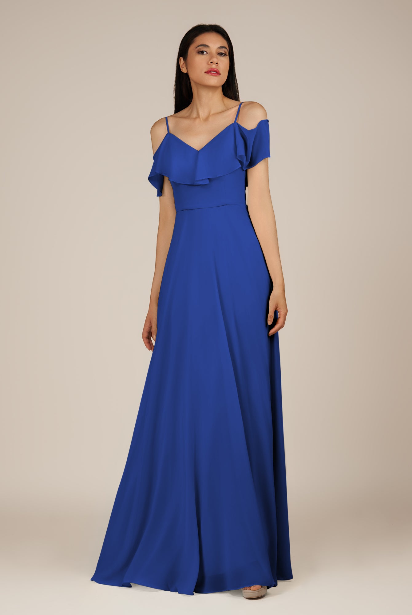 KissDress-Junessa Royal Blue A Line Off the Shoulder Chiffon Long Bridesmaid Dress with Ruffles