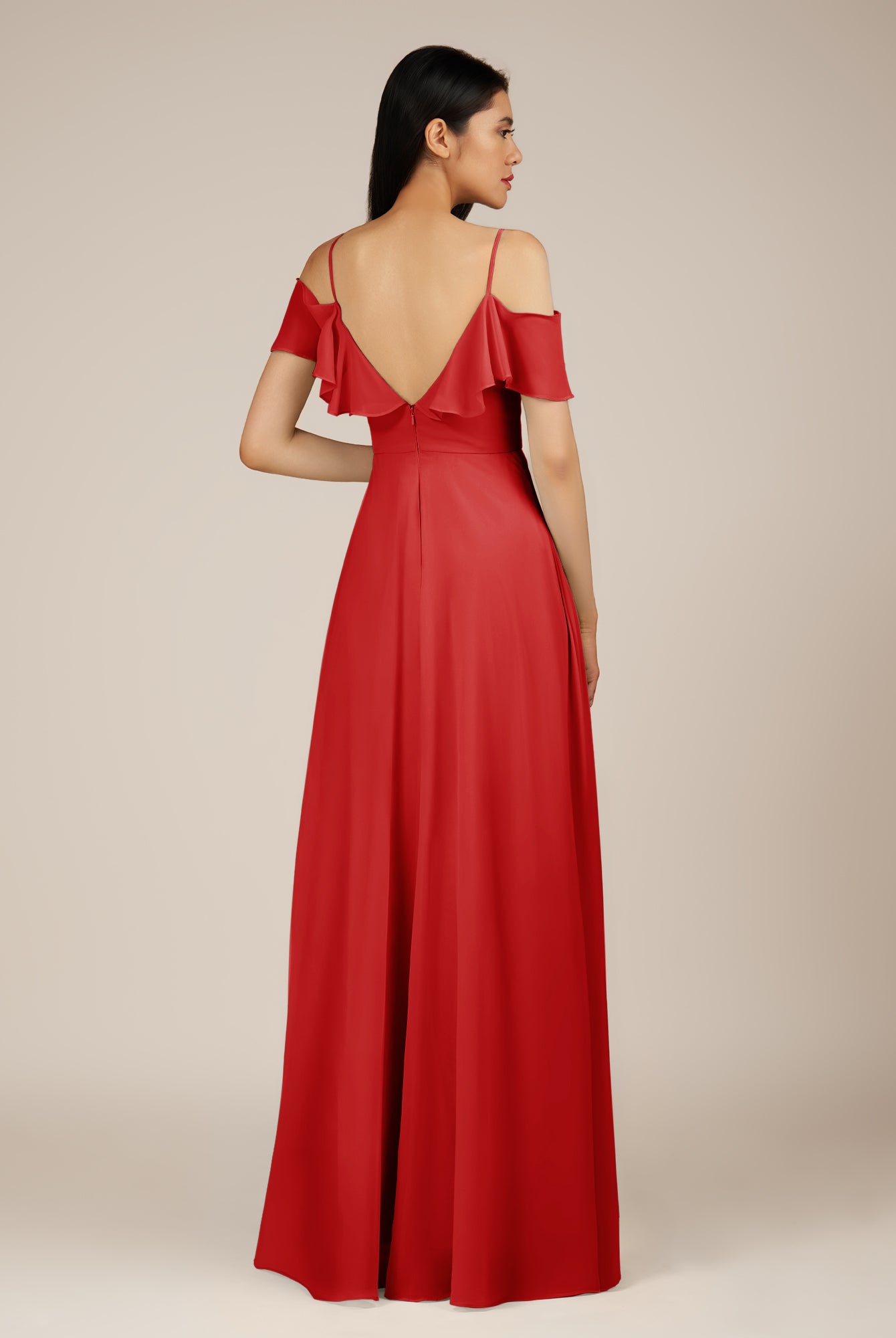 KissDress-Junessa Ruby Red A Line Off the Shoulder Chiffon Long Bridesmaid Dress with Ruffles