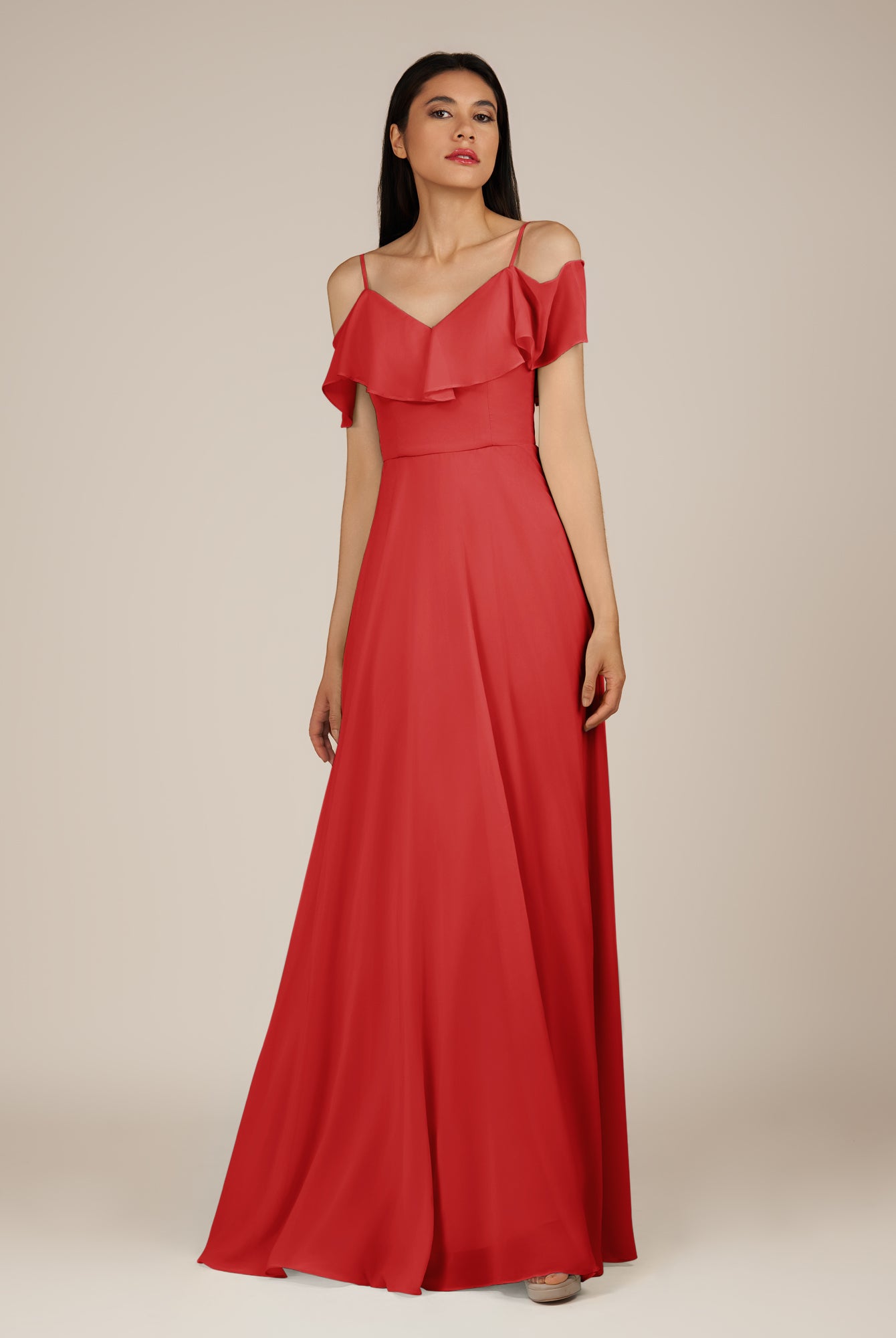 KissDress-Junessa Ruby Red A Line Off the Shoulder Chiffon Long Bridesmaid Dress with Ruffles
