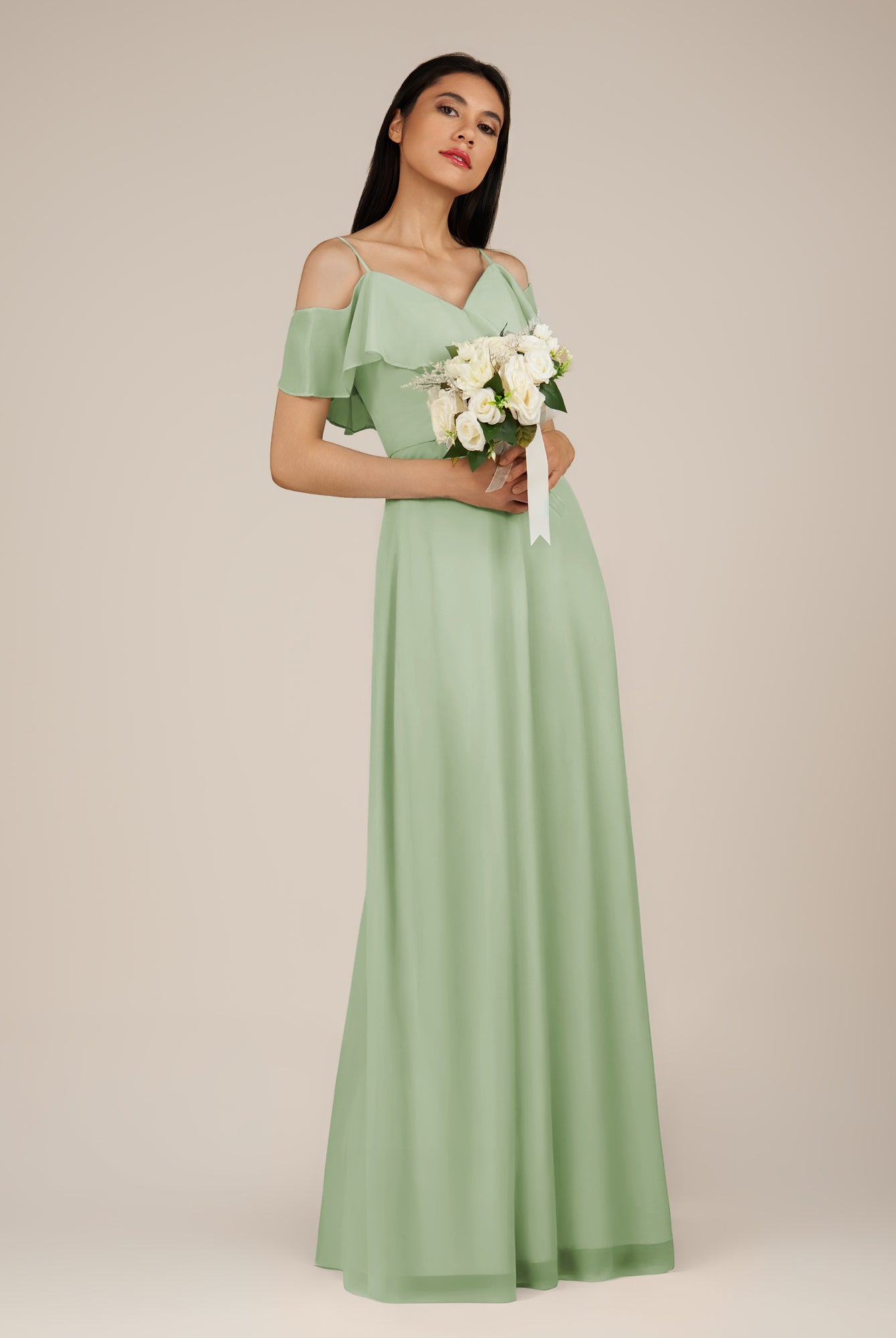KissDress-Junessa Sage A Line Off the Shoulder Chiffon Long Bridesmaid Dress with Ruffles