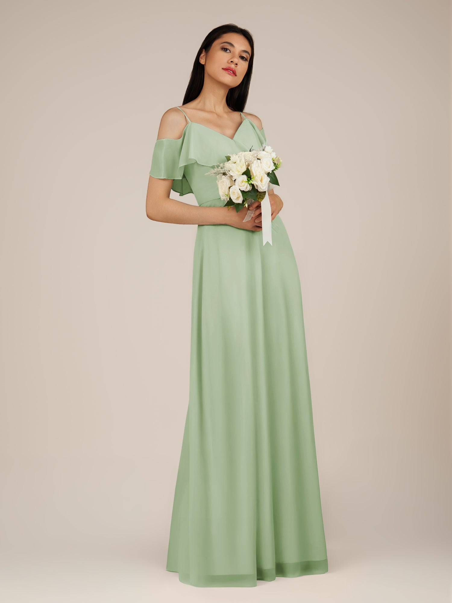 KissDress-Junessa Sage A Line Off the Shoulder Chiffon Long Bridesmaid Dress with Ruffles