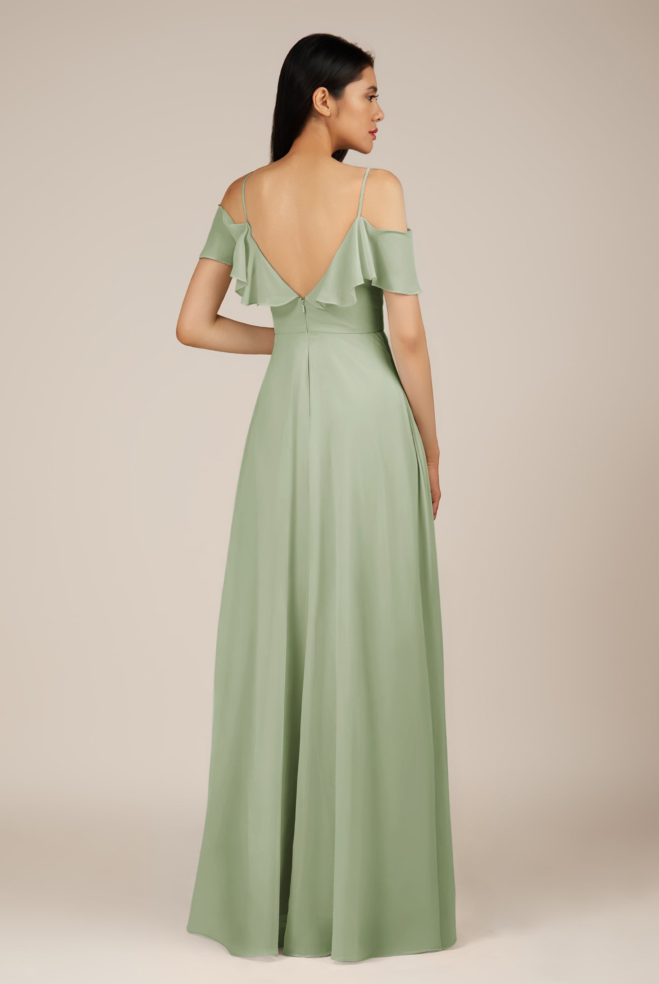 KissDress-Junessa Sage A Line Off the Shoulder Chiffon Long Bridesmaid Dress with Ruffles