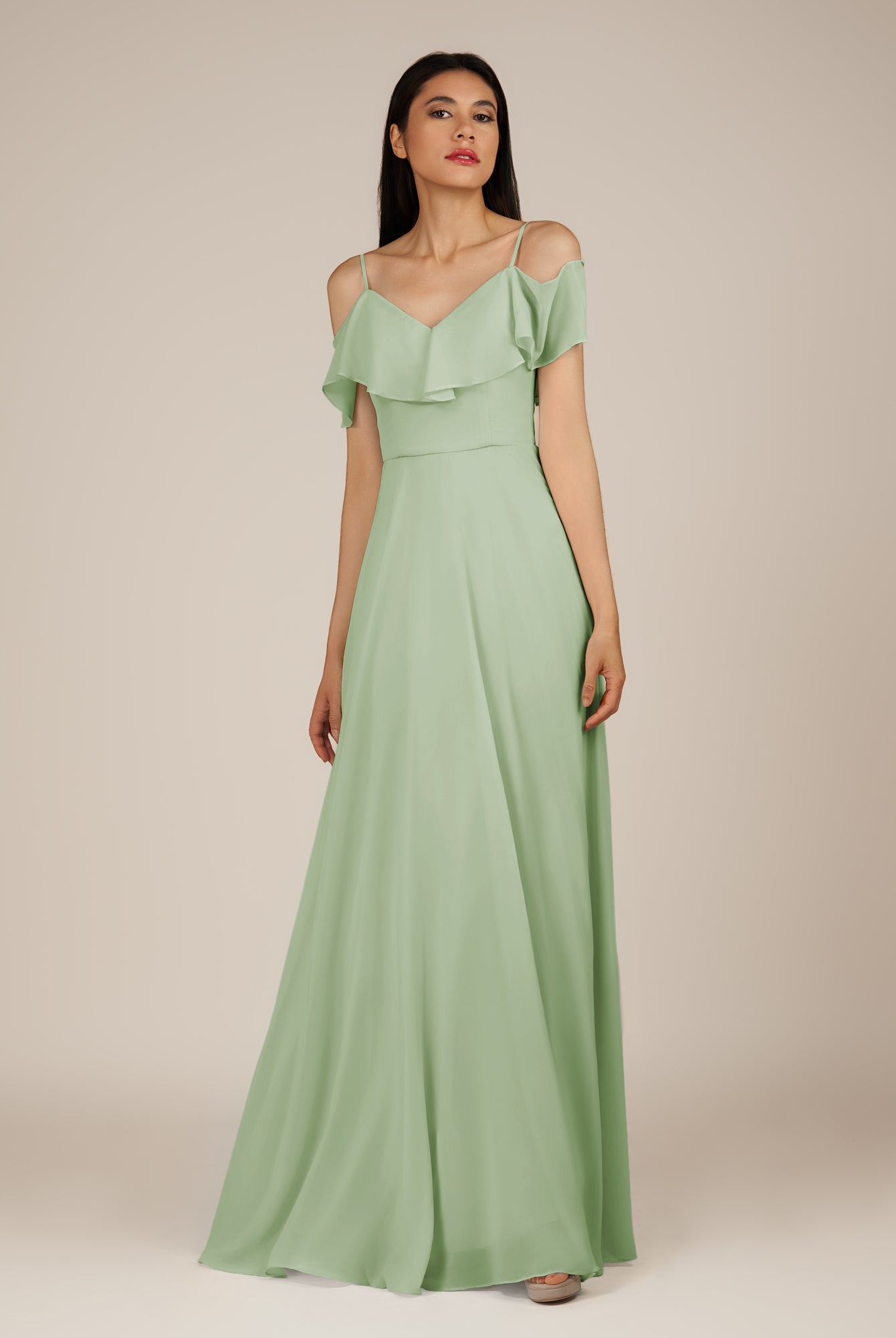 KissDress-Junessa Sage A Line Off the Shoulder Chiffon Long Bridesmaid Dress with Ruffles