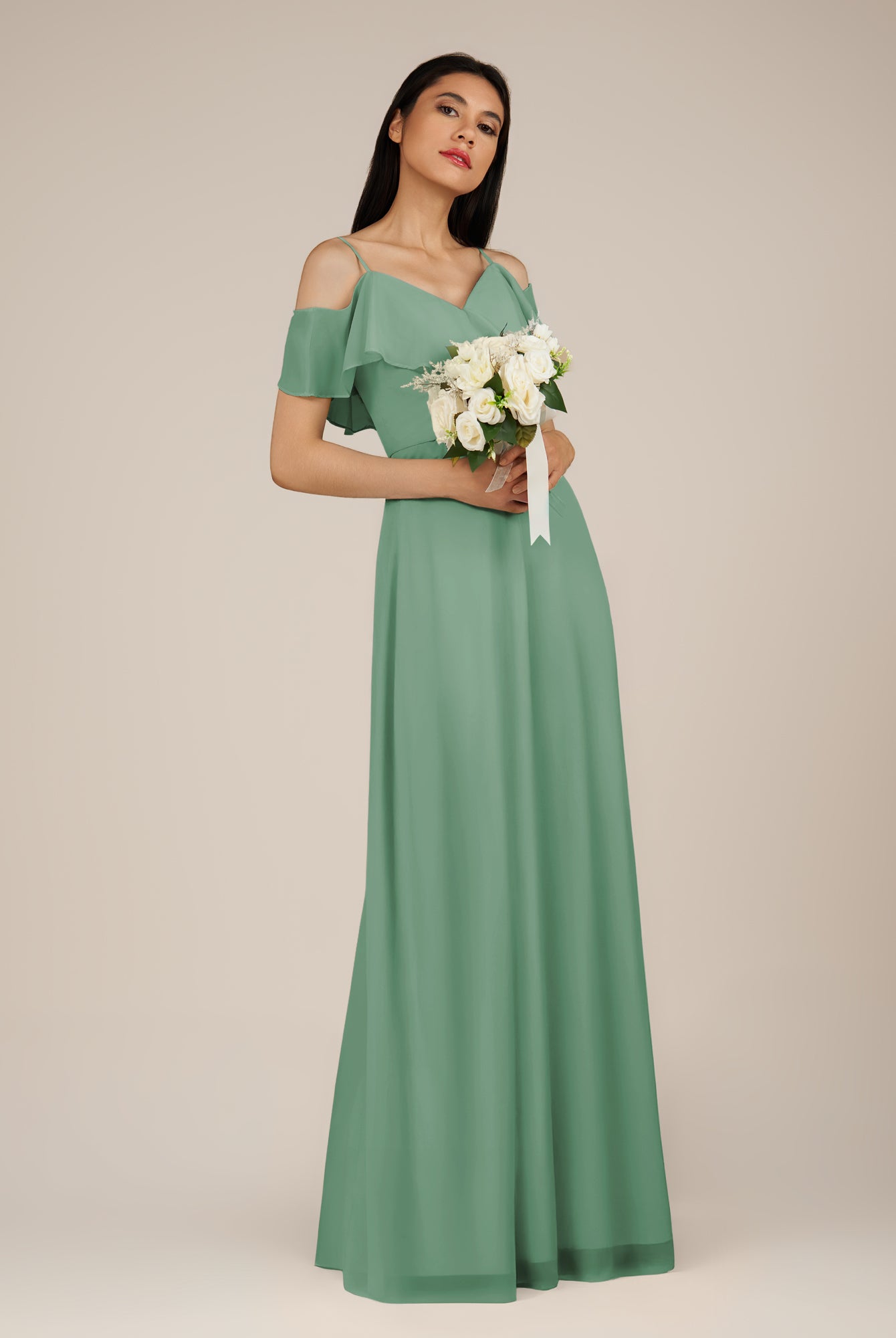 KissDress-Junessa Sea Glass A Line Off the Shoulder Chiffon Long Bridesmaid Dress with Ruffles