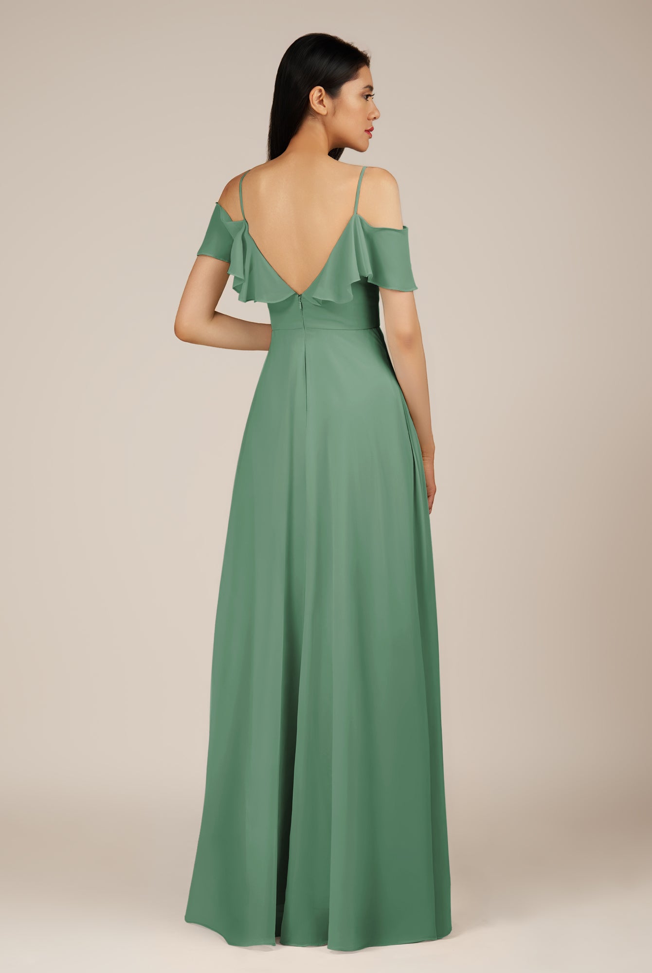 KissDress-Junessa Sea Glass A Line Off the Shoulder Chiffon Long Bridesmaid Dress with Ruffles