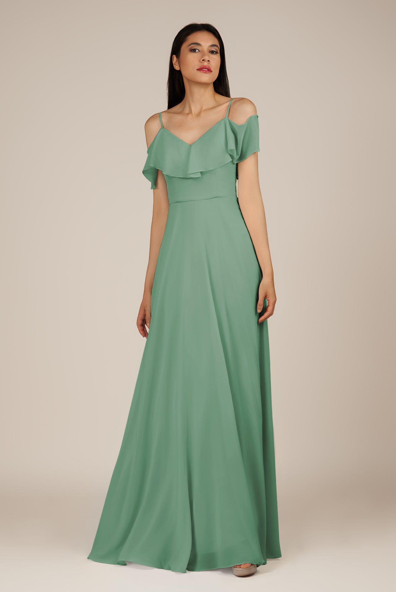 KissDress-Junessa Sea Glass A Line Off the Shoulder Chiffon Long Bridesmaid Dress with Ruffles