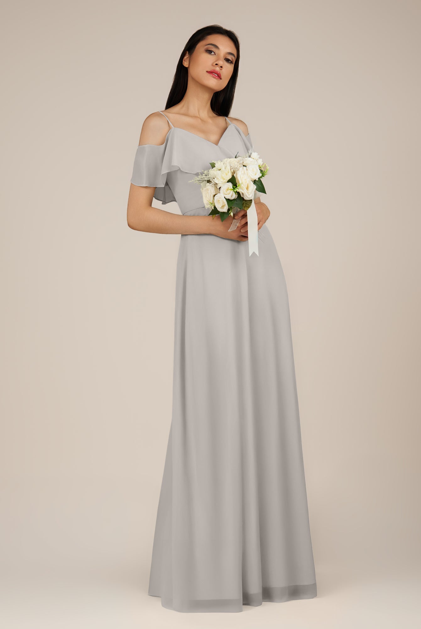 KissDress-Junessa Silver A Line Off the Shoulder Chiffon Long Bridesmaid Dress with Ruffles