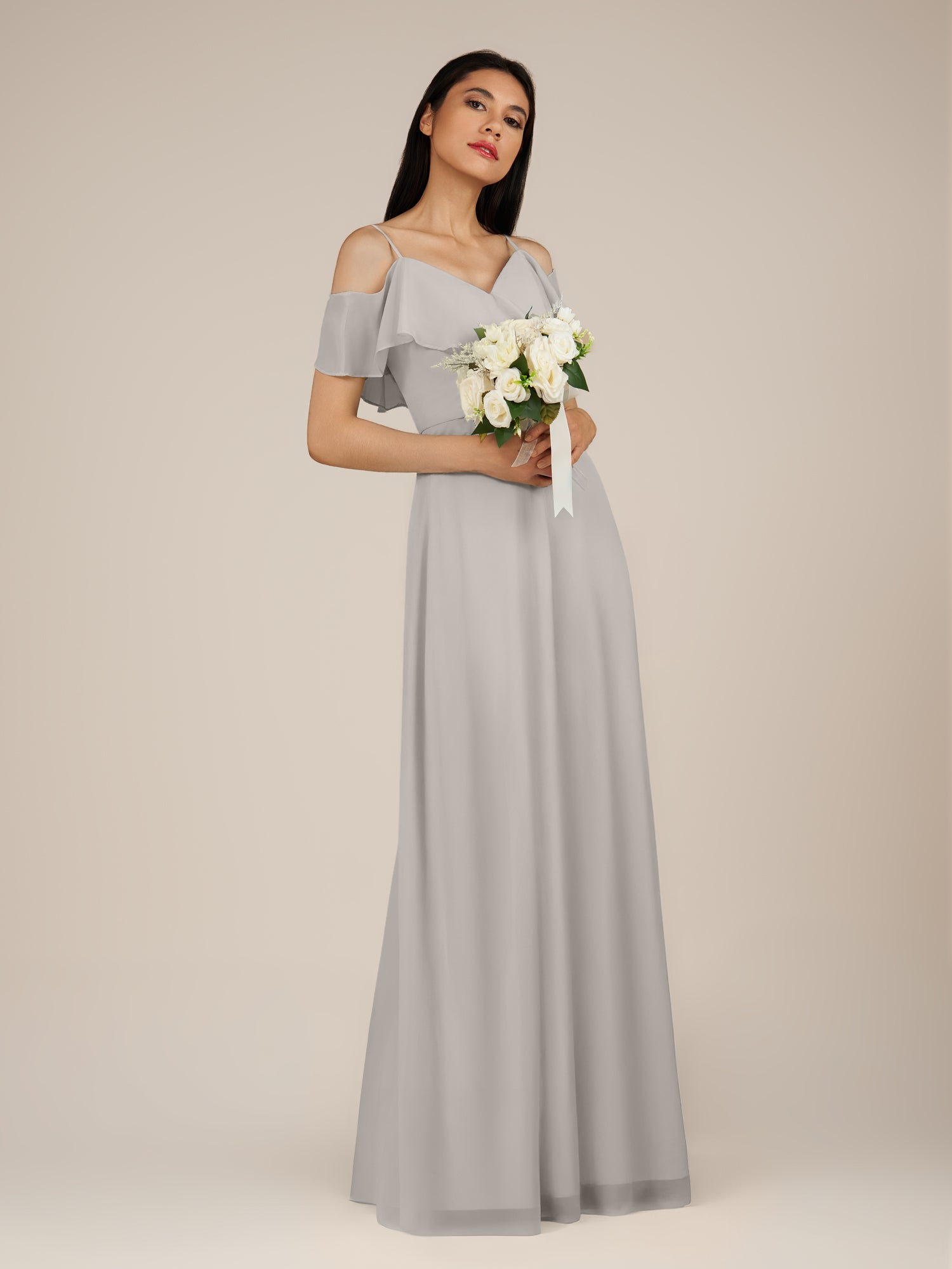 KissDress-Junessa Silver A Line Off the Shoulder Chiffon Long Bridesmaid Dress with Ruffles