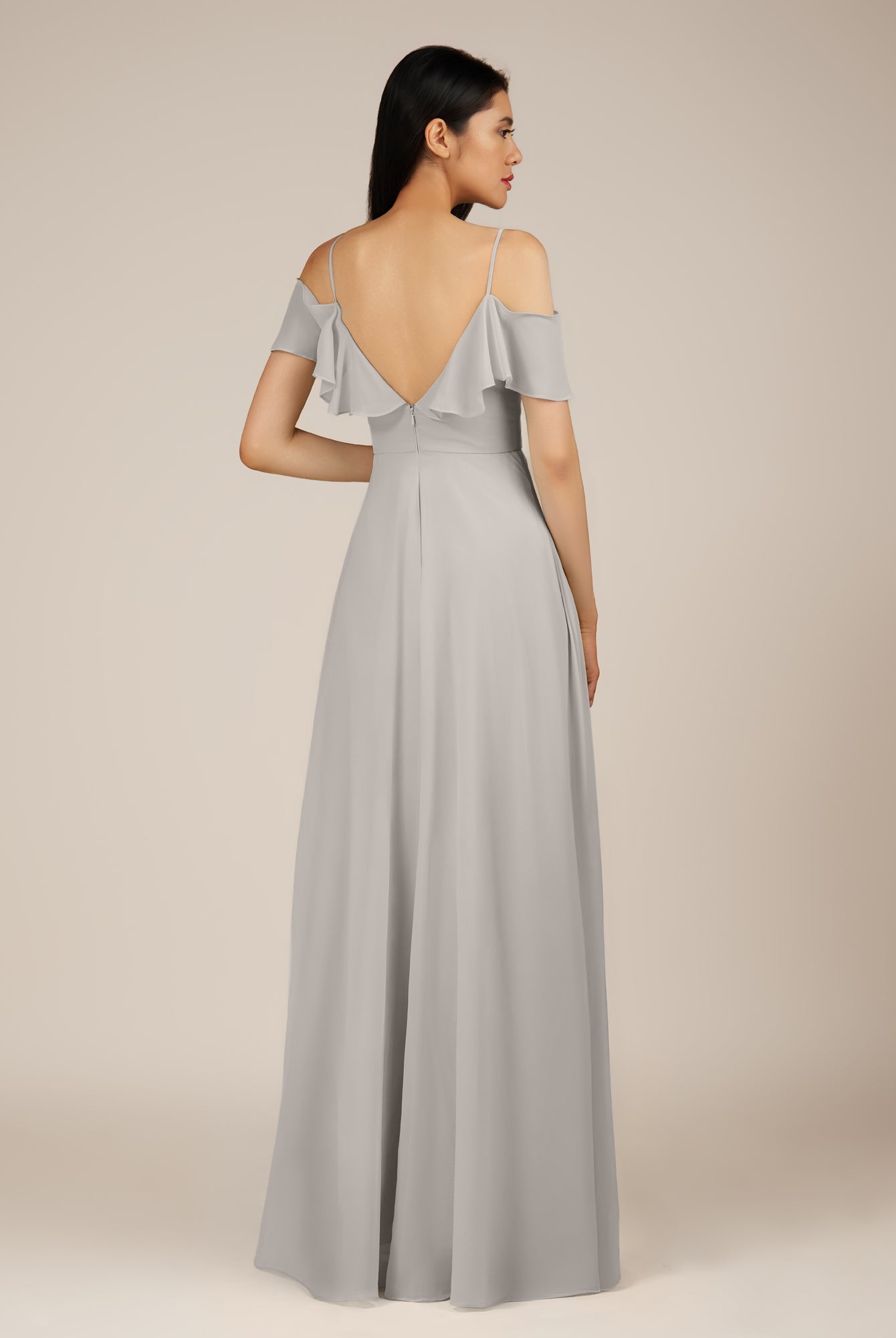 KissDress-Junessa Silver A Line Off the Shoulder Chiffon Long Bridesmaid Dress with Ruffles