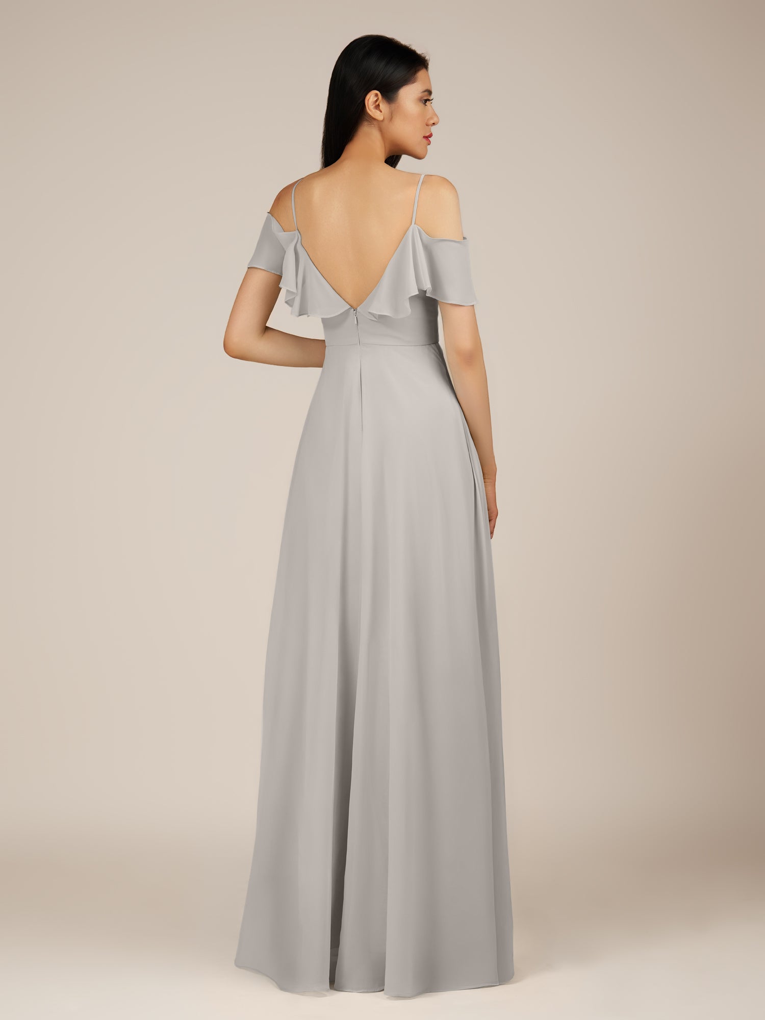 KissDress-Junessa Silver A Line Off the Shoulder Chiffon Long Bridesmaid Dress with Ruffles