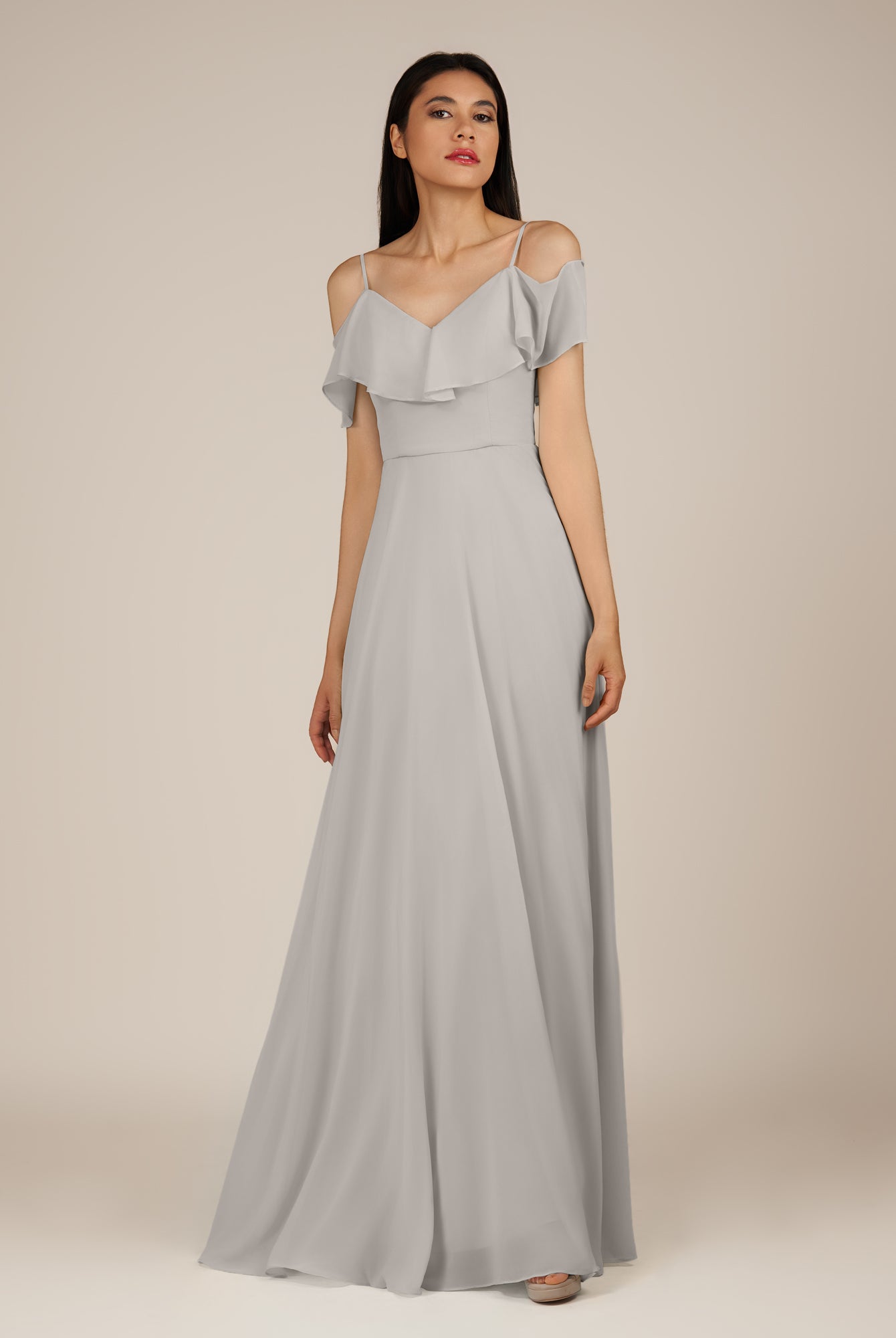 KissDress-Junessa Silver A Line Off the Shoulder Chiffon Long Bridesmaid Dress with Ruffles