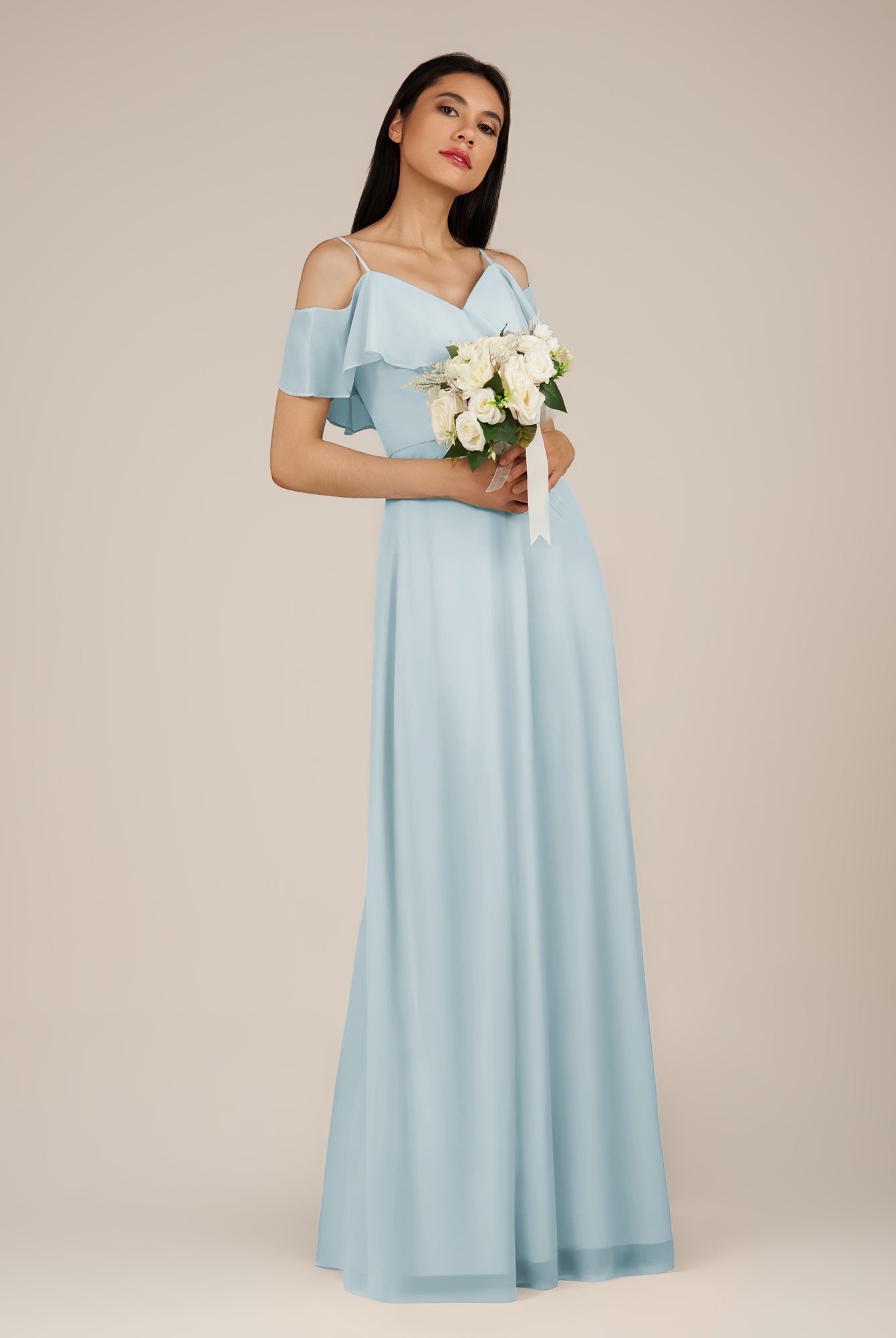 KissDress-Junessa Sky Blue A Line Off the Shoulder Chiffon Long Bridesmaid Dress with Ruffles
