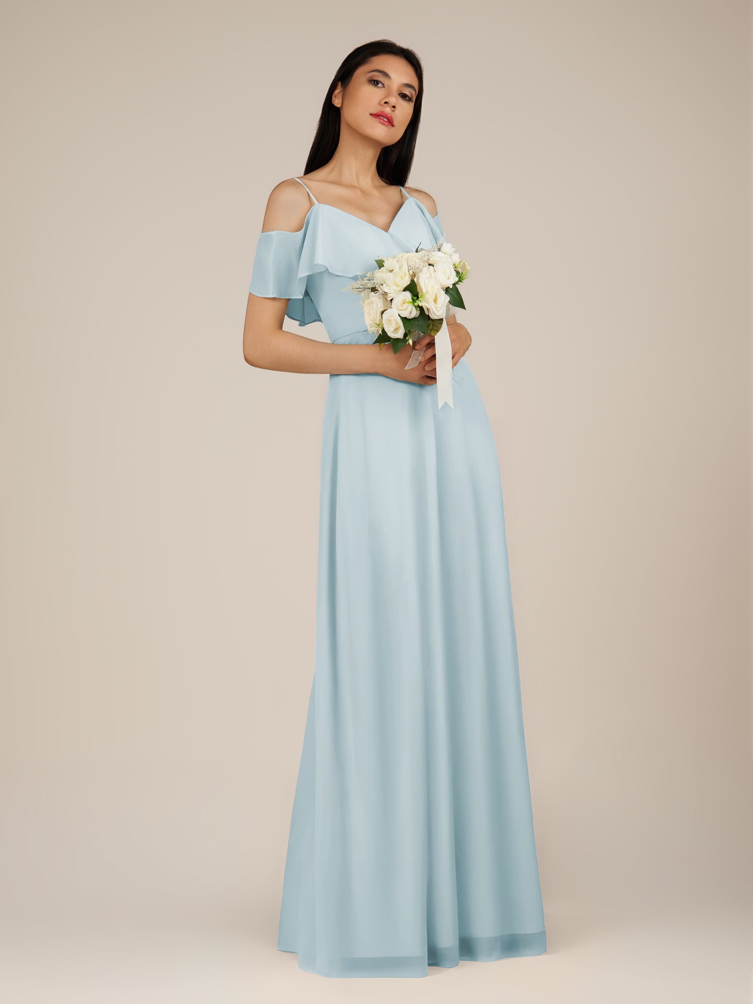KissDress-Junessa Sky Blue A Line Off the Shoulder Chiffon Long Bridesmaid Dress with Ruffles