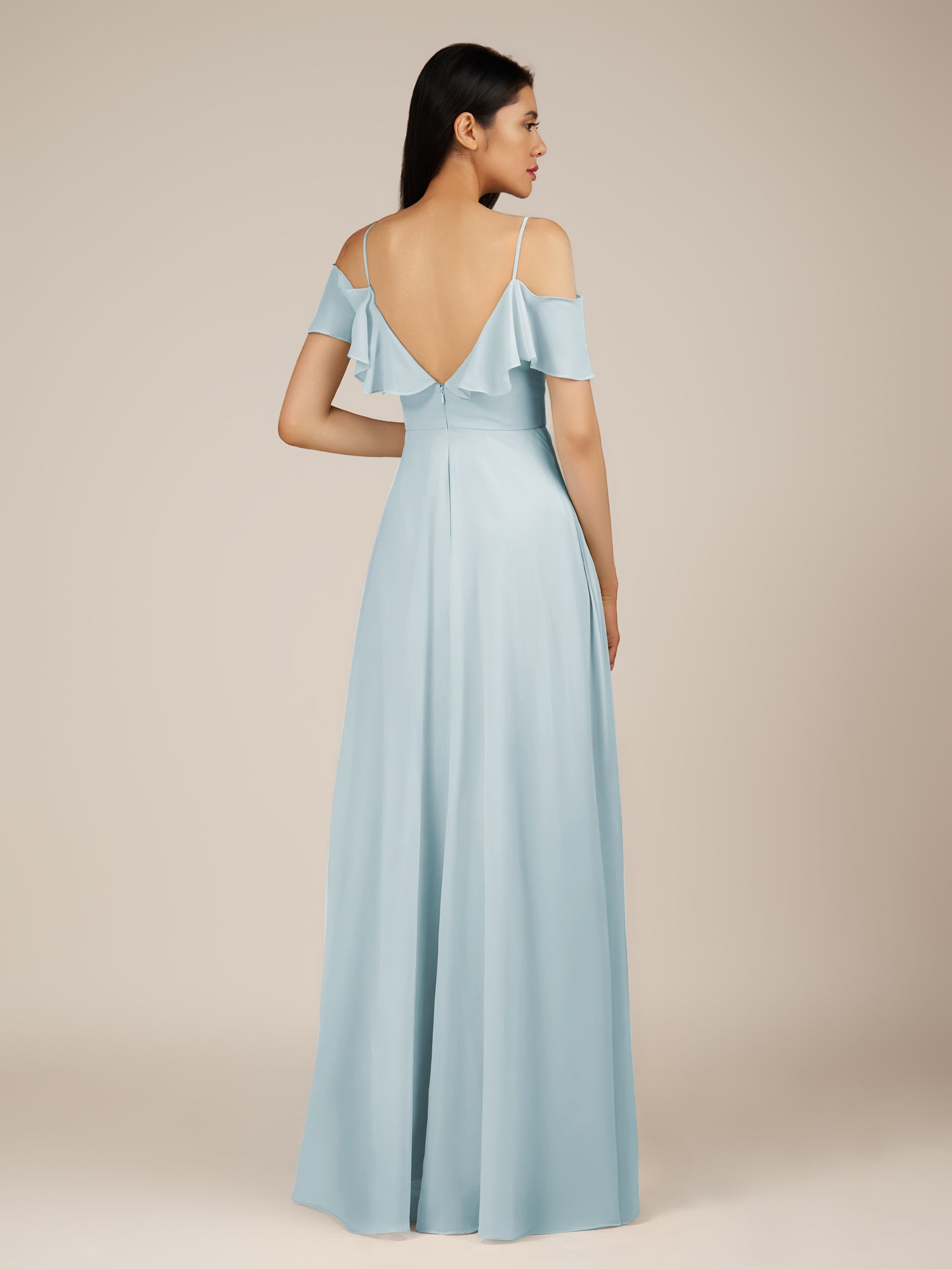 KissDress-Junessa Sky Blue A Line Off the Shoulder Chiffon Long Bridesmaid Dress with Ruffles