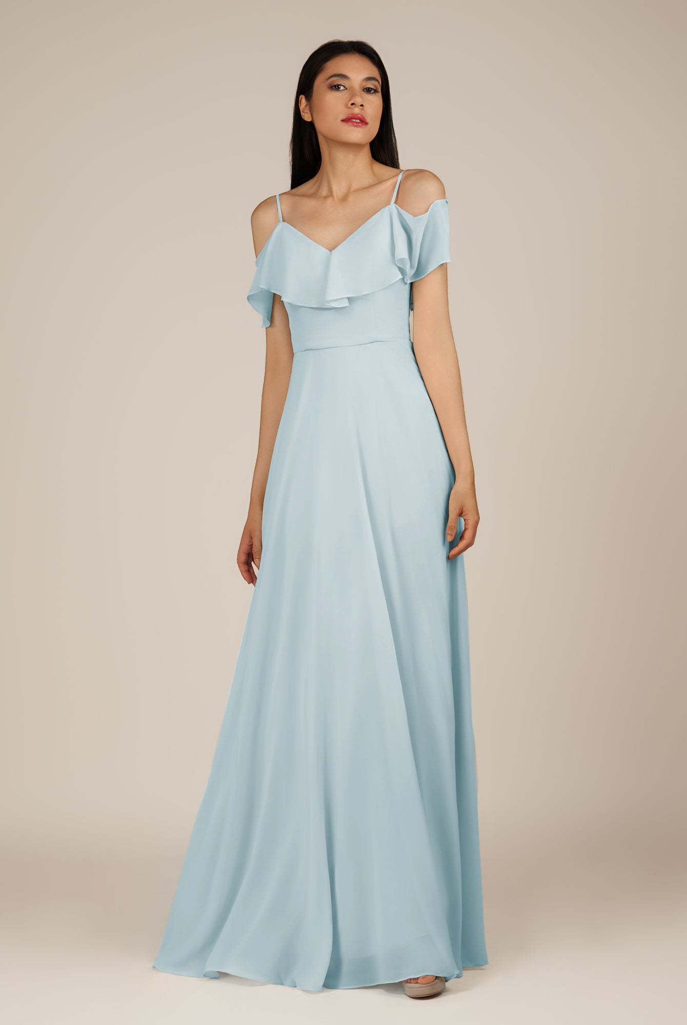 KissDress-Junessa Sky Blue A Line Off the Shoulder Chiffon Long Bridesmaid Dress with Ruffles