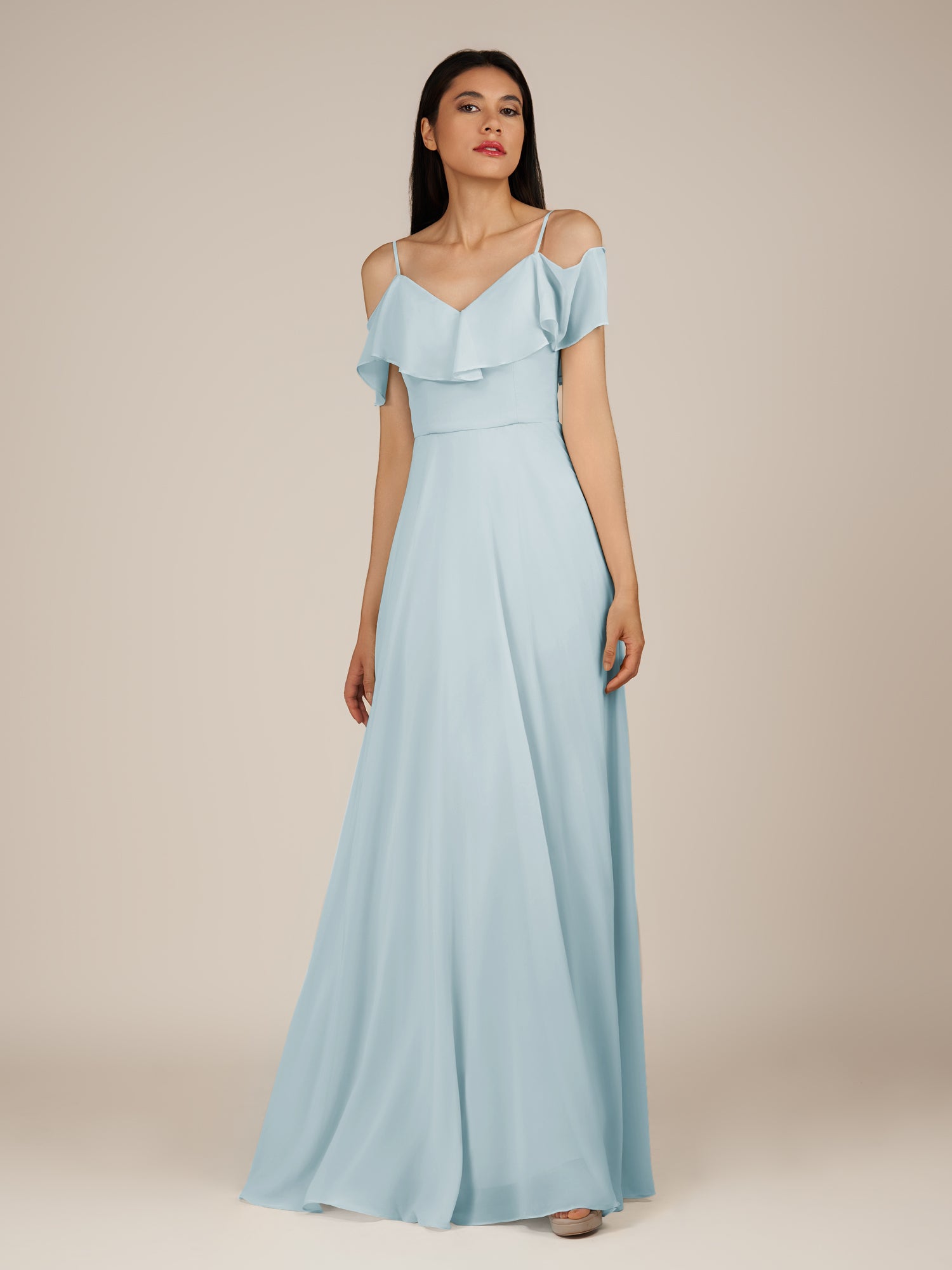 KissDress-Junessa Sky Blue A Line Off the Shoulder Chiffon Long Bridesmaid Dress with Ruffles