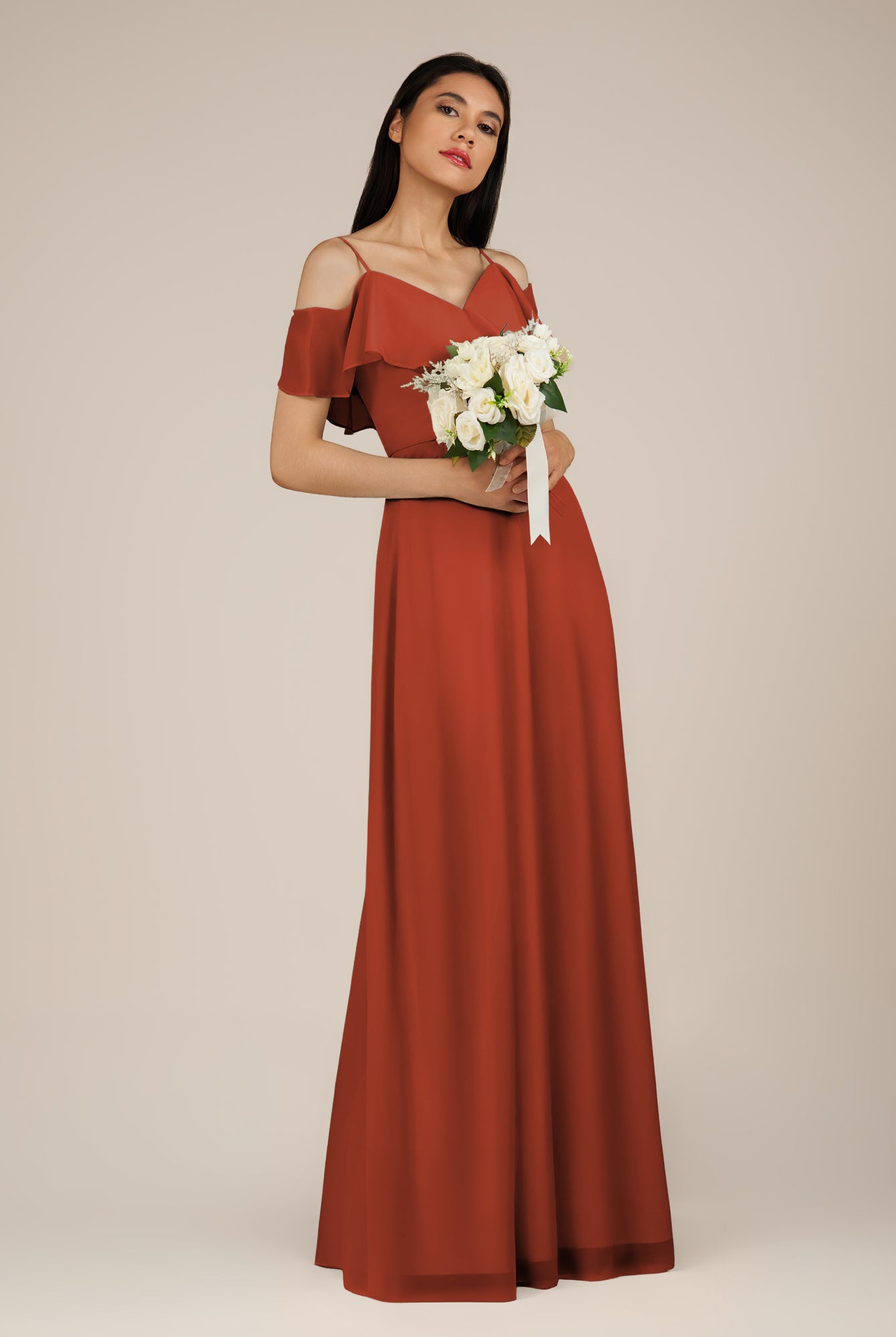 KissDress-Junessa Spice A Line Off the Shoulder Chiffon Long Bridesmaid Dress with Ruffles