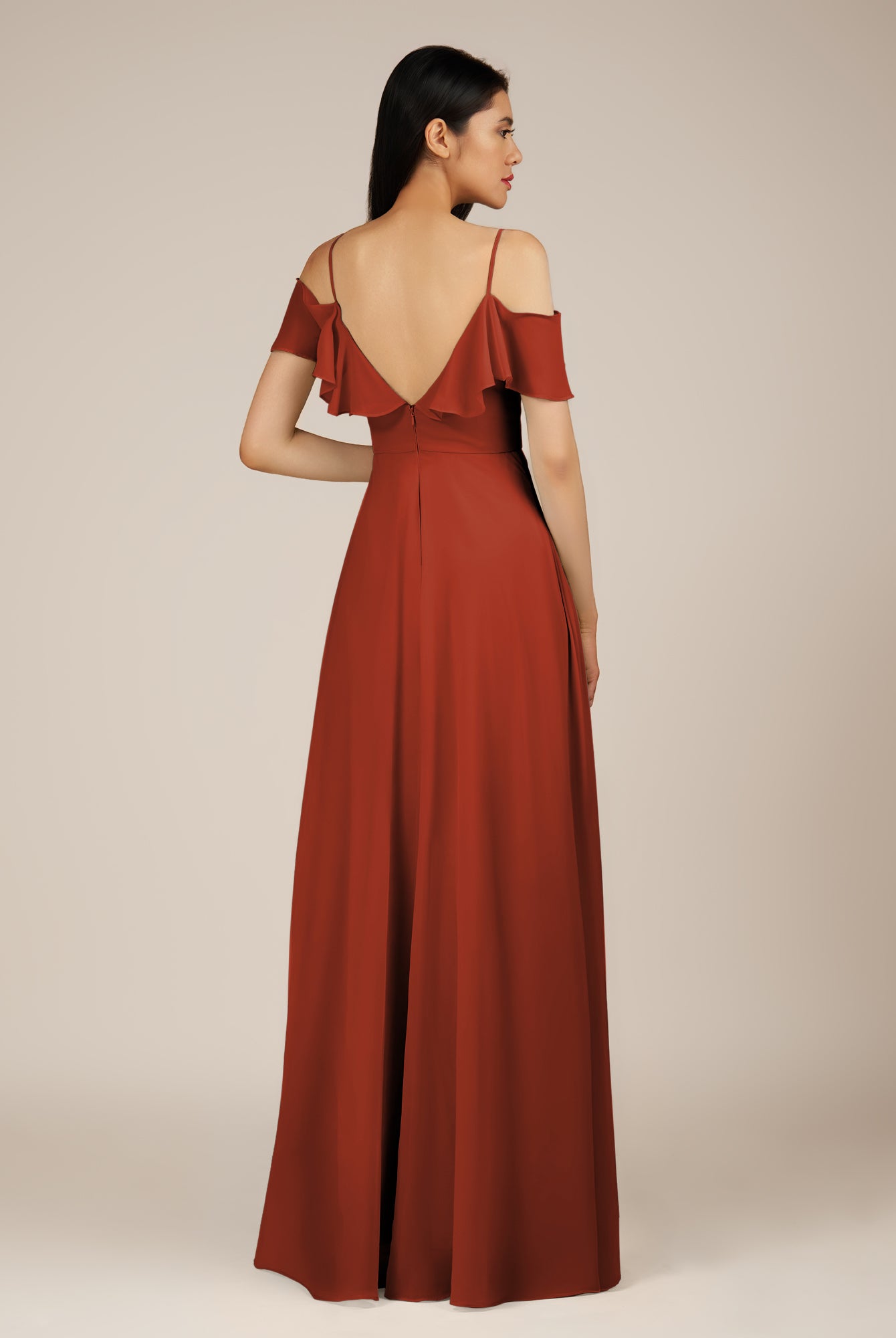 KissDress-Junessa Spice A Line Off the Shoulder Chiffon Long Bridesmaid Dress with Ruffles