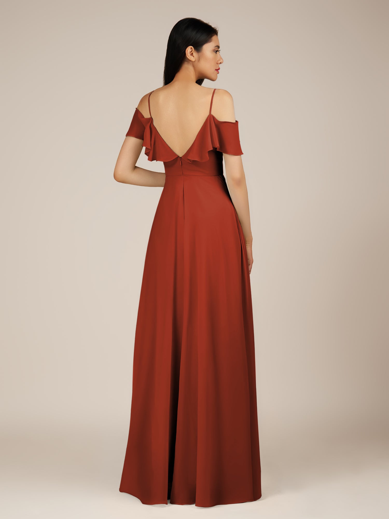KissDress-Junessa Spice A Line Off the Shoulder Chiffon Long Bridesmaid Dress with Ruffles