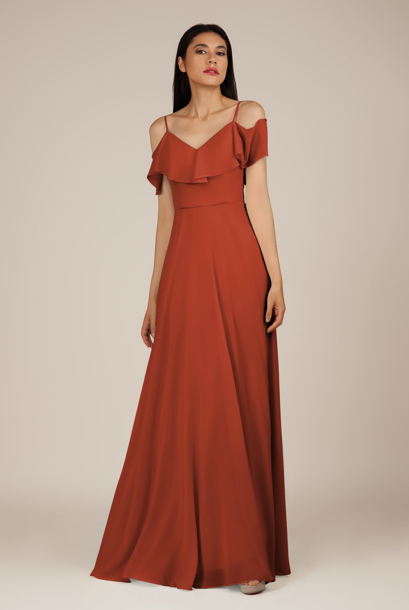 KissDress-Junessa Spice A Line Off the Shoulder Chiffon Long Bridesmaid Dress with Ruffles