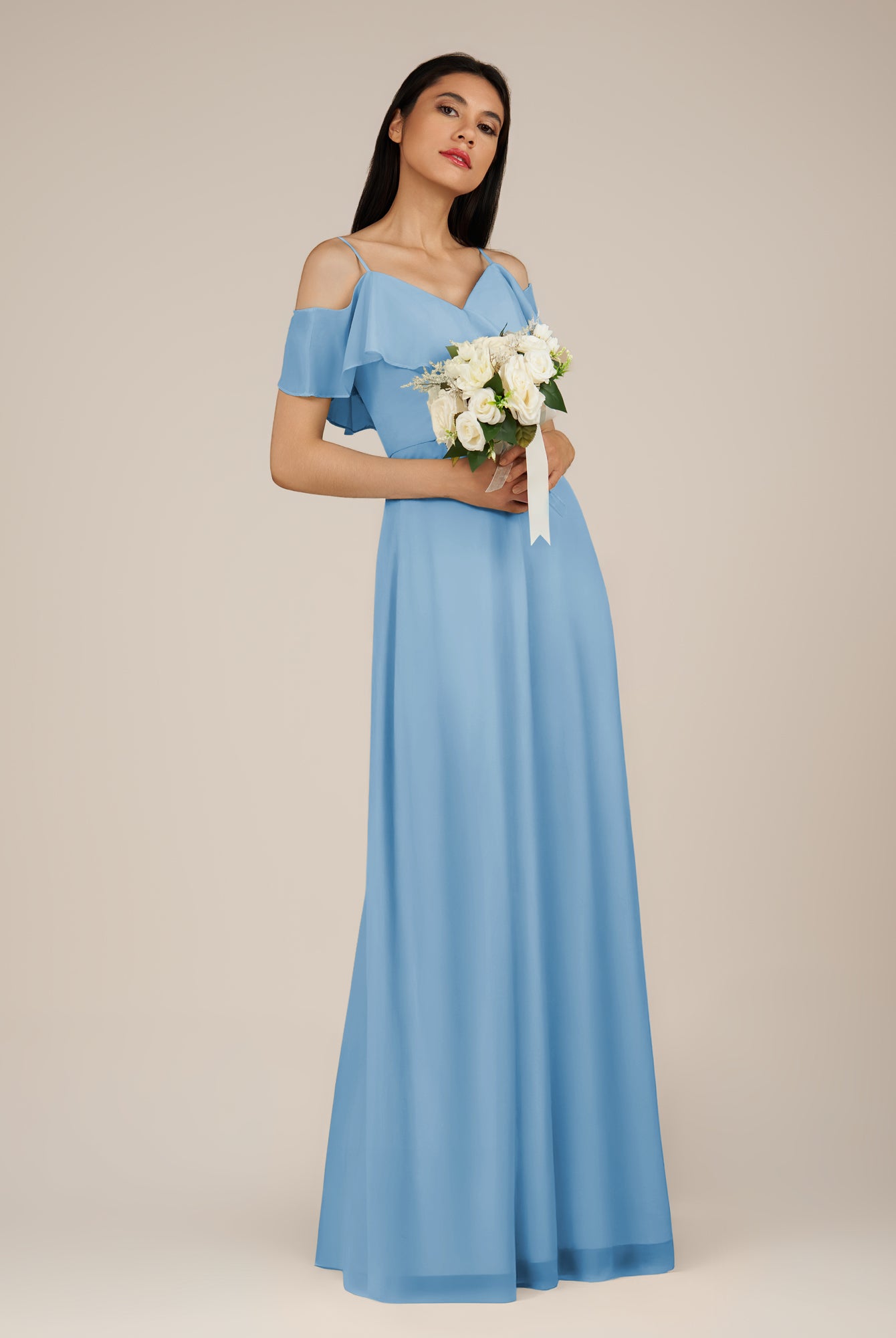 KissDress-Junessa Steel Blue A Line Off the Shoulder Chiffon Long Bridesmaid Dress with Ruffles