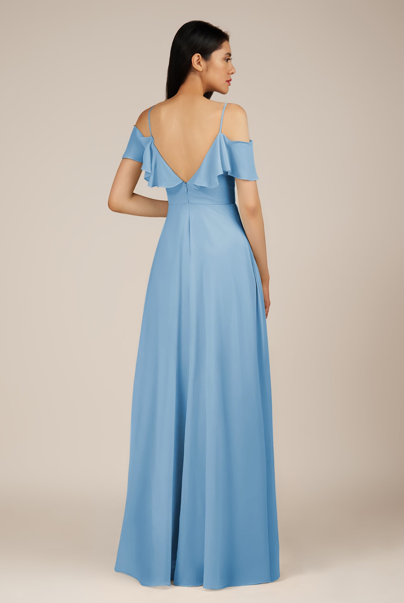 KissDress-Junessa Steel Blue A Line Off the Shoulder Chiffon Long Bridesmaid Dress with Ruffles